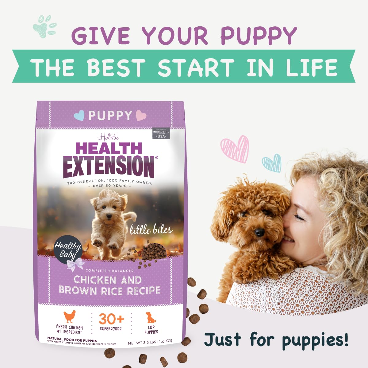 Health Extension Little Bites Chicken & Brown Rice Puppy Food – 3.5 lb Bag – Fresh Chicken First Ingredient with 30+ Superfoods – Natural, Complete & Balanced Nutrition for Small Breed Puppies