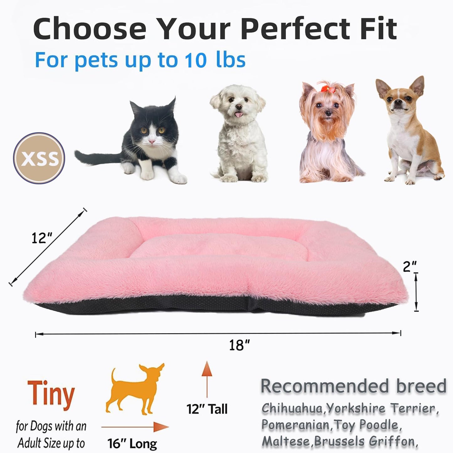 Dog Crate Bed Washable Dog Beds for XX-Small Dogs Deluxe Thick Faux Fur Fluffy Comfy Kennel Pad Anti-Slip Pet Sleeping Mat,Indoor Puppy Mattress Cat Kitten Cute Cushion Fit Crates 18 x 12 Inch,Pink