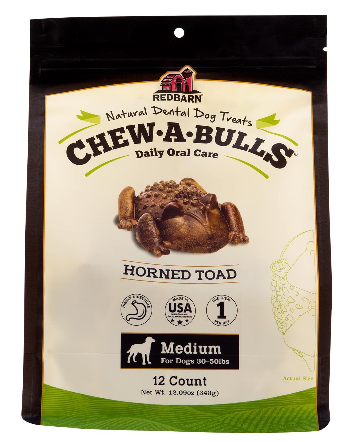 Redbarn Chew-A-Bulls, 12 Pack – Medium Toad Shape Dog Dental Treats – Daily Oral Care with Fun Ridges & Grooves, All Natural Ingredients, Highly Digestible Chews & Low in Fat