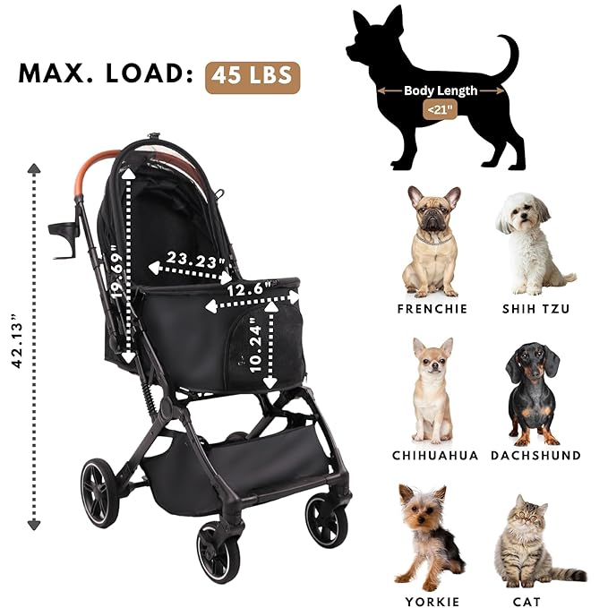 Pet Stroller for Small Medium Dogs Cats Up to 45 lbs, Travel Lite Collapsible, All Terrain 4 Wheels for Jogging, Running, Black