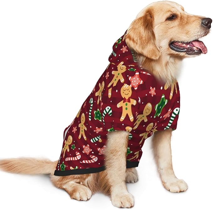 Christmas with Gingerbread Men, Candies Hoodie,Christmas Cosplay Dog Clothes with Pocket and Hat Winter Clothes Sweaters Large
