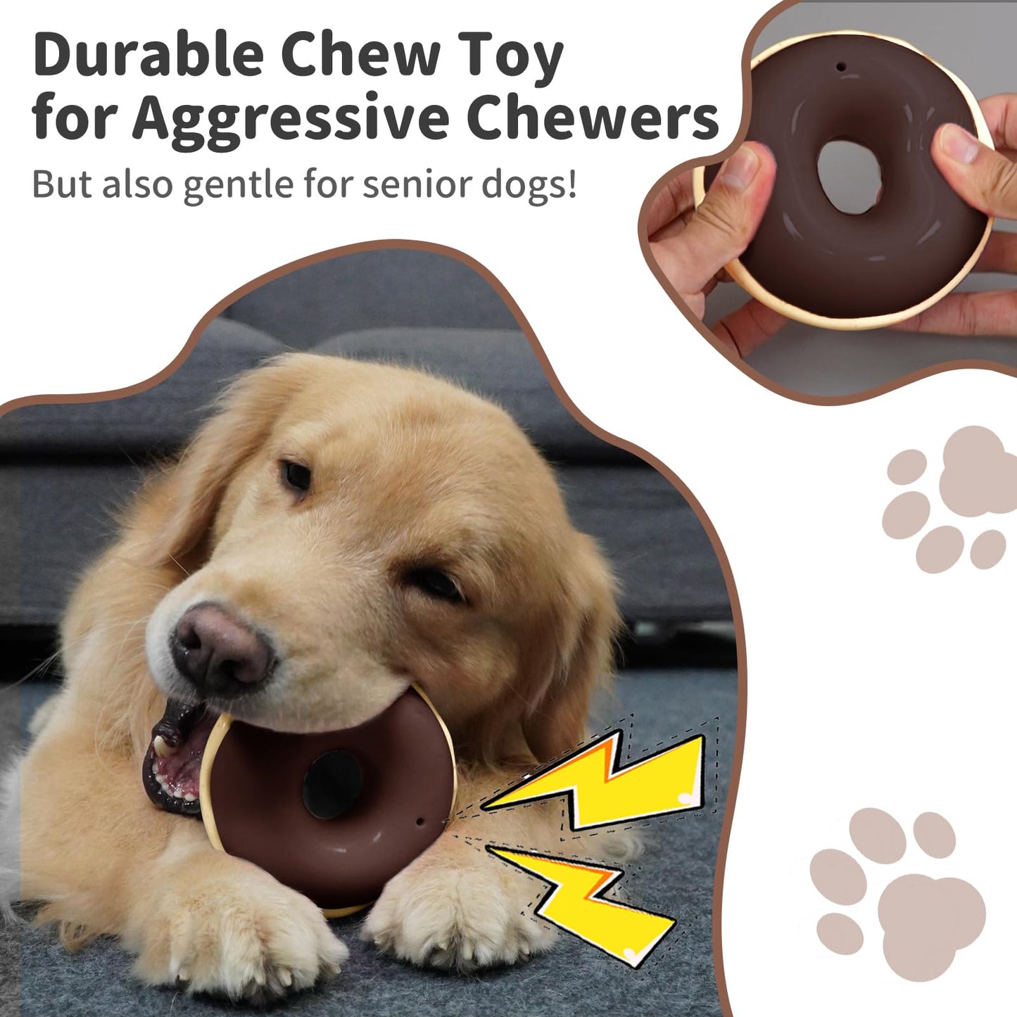 JoyBruko Dog Toys for Aggressive Chewers, Indestructible Squeaky Chew Toy to Keep Them Busy, Interactive Rubber Donut with Milk Flavor & Bounce, Teeth Cleaning for Small Medium Large Breed, Brown