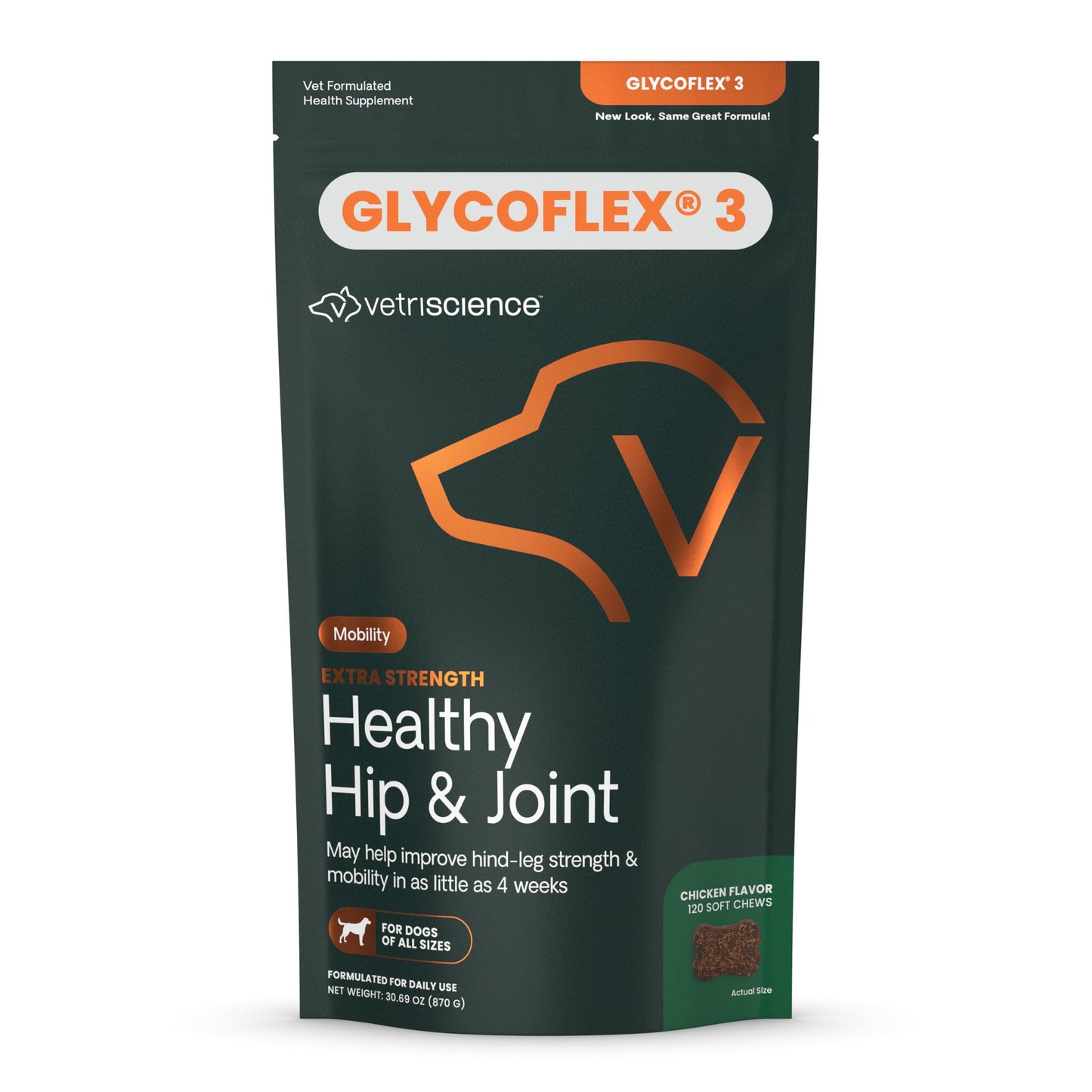 VetriScience Extra Strength Healthy Hip & Joint Chews, GlycoFlex 3, Glucosamine, Green-Lipped Mussel, Joint Support Supplement for Dogs, Promote Mobility & Soothe Joint Discomfort, Chicken, 120 Count