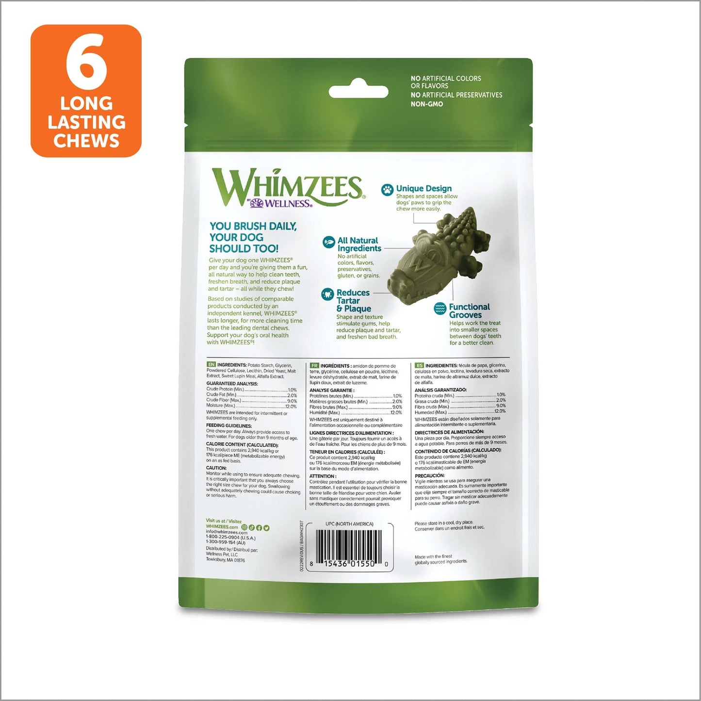 Whimzees Wellness Alligator Dog Dental Treats, Natural Chews, Large Size, (6 Count)