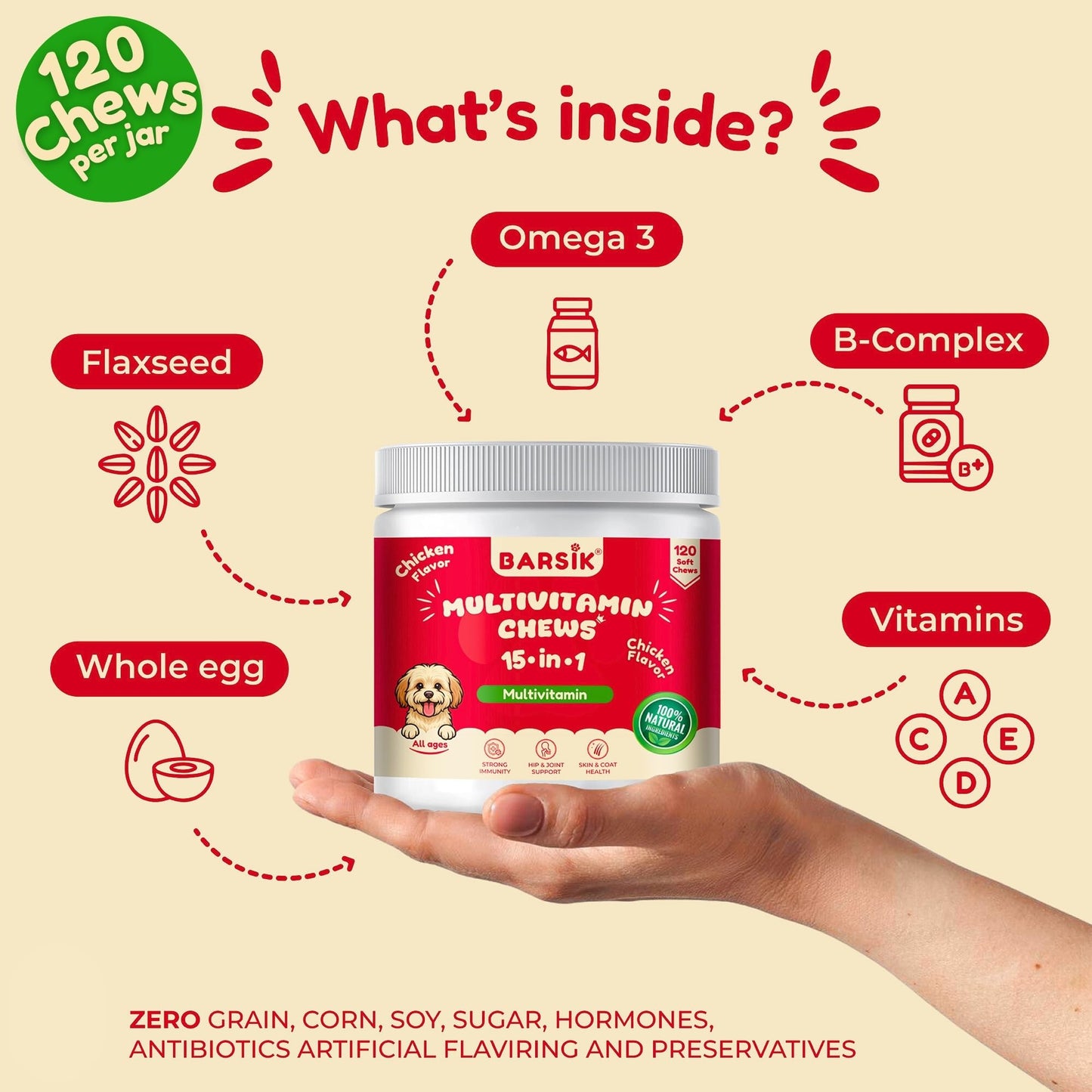 Dog Multivitamin, Chewable Dog Vitamins and Supplements for Hip & Joints, Skin & Coat, Omega 3 Oil for Dogs Immune, Heart & Digestive Health, Senior & Puppy Multivitamin - Chicken Flavor - 120ct