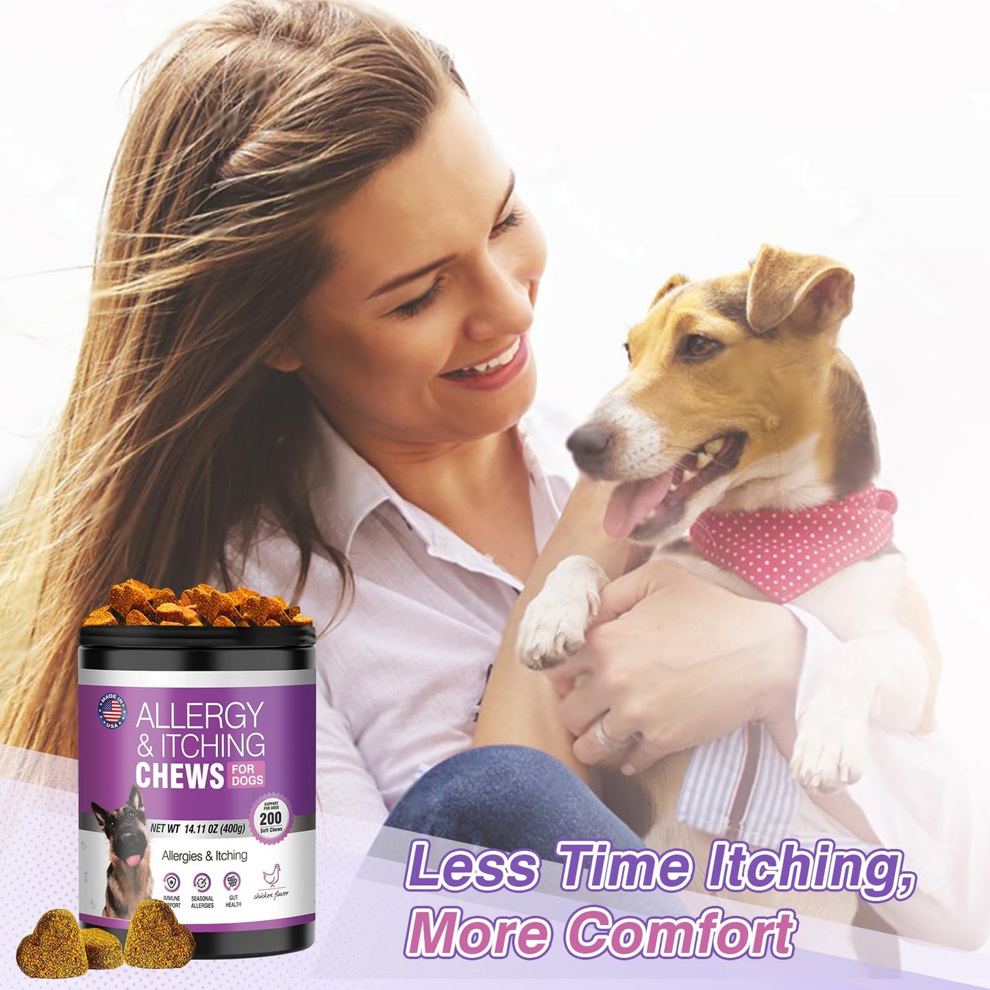 Dog Allergy Chews 200PCs - Dog Allergy and Itching Skin Relief Anti Itch Aller Immune Bites for Dogs Itching Licking Paws Treatment Relief Itchy Chew Probiotics Vitamins for Skin and Coat Allergies