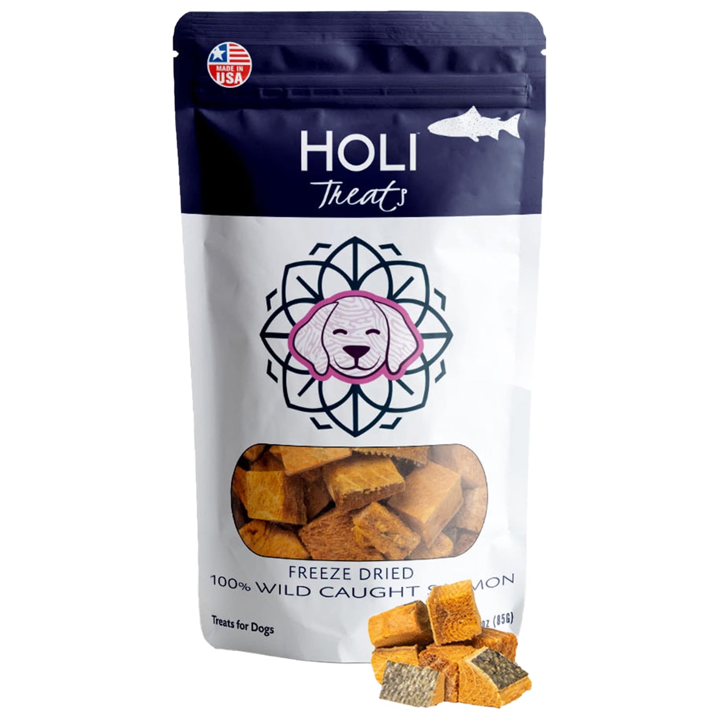 HOLI Freeze Dried Salmon Dog Treats - with Omega 3 and 6 Fish Oil - All Natural - Human Grade - Wild Caught Salmon with Skin - Made in USA - Grain Free - Diabetic Friendly