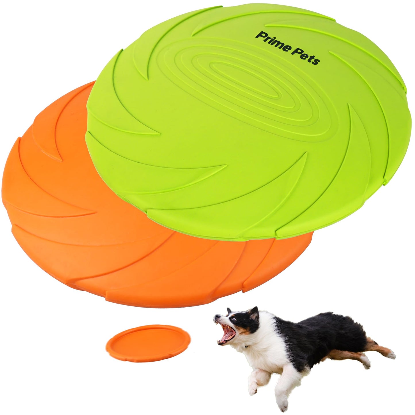 Prime Pets Dog Flying Disc, 2 Pack, 7 Inch, Durable Dog Toys, Nature Rubber Floating Flying Saucer for Water Pool Beach, Orange and Green