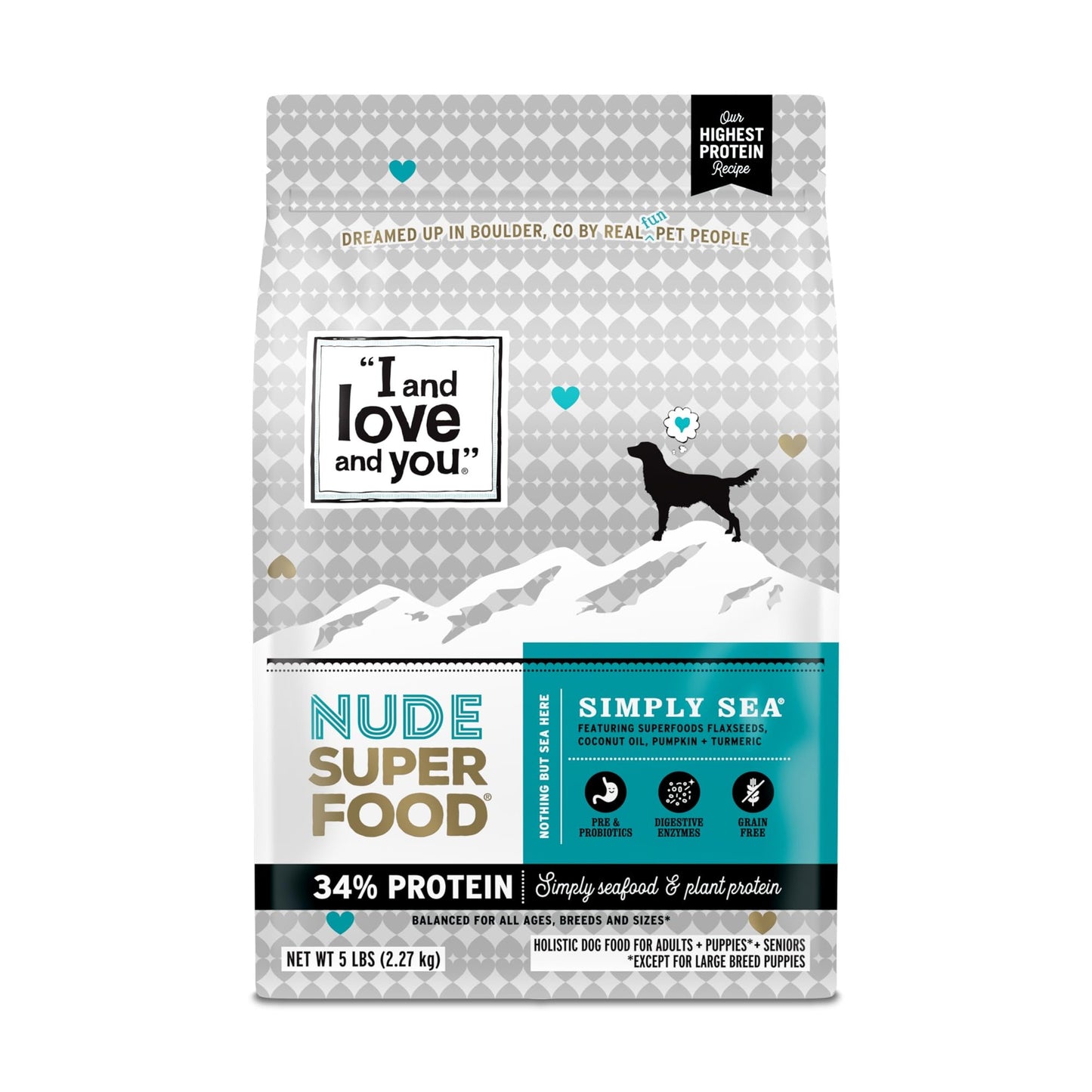 I and love and you Nude Super Food Dry Dog Food - Salmon + Whitefish - Prebiotic + Probiotic, Grain Free, Real Meat, No Fillers, 5lb Bag