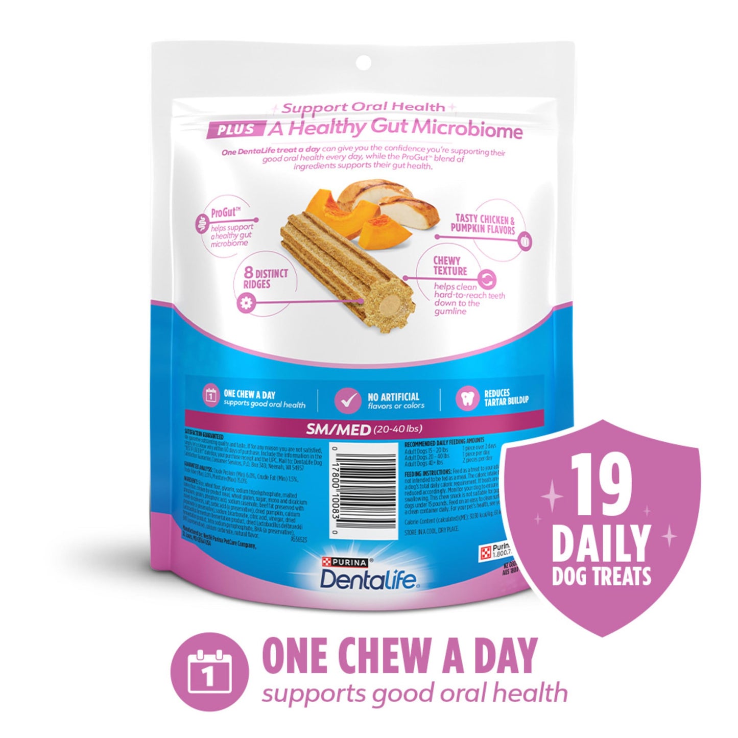 DentaLife Plus Digestive Support Dog Treats for Small and Medium Dogs, Cleans Teeth, Freshens Breath, & Supports Healthy Gut, Chicken & Pumpkin Flavor, 14.4 oz., 19 Chews - 19 ct. Pouch