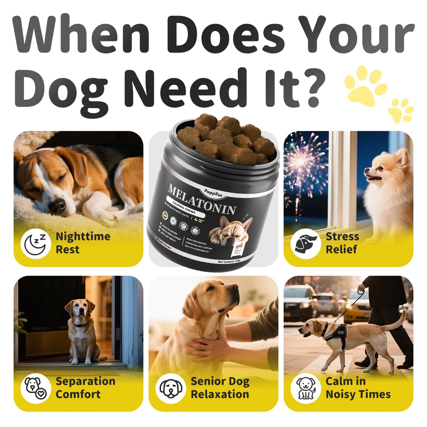 POPPAW Melatonin for Dogs, Calming Chews with Valerian Root & L-Theanine for Sleep Aid & Emotional Support, Calming Treats for Stress Anxiety Relief - Thunder, Fireworks, Barking, Bacon Flavor, 60Ct