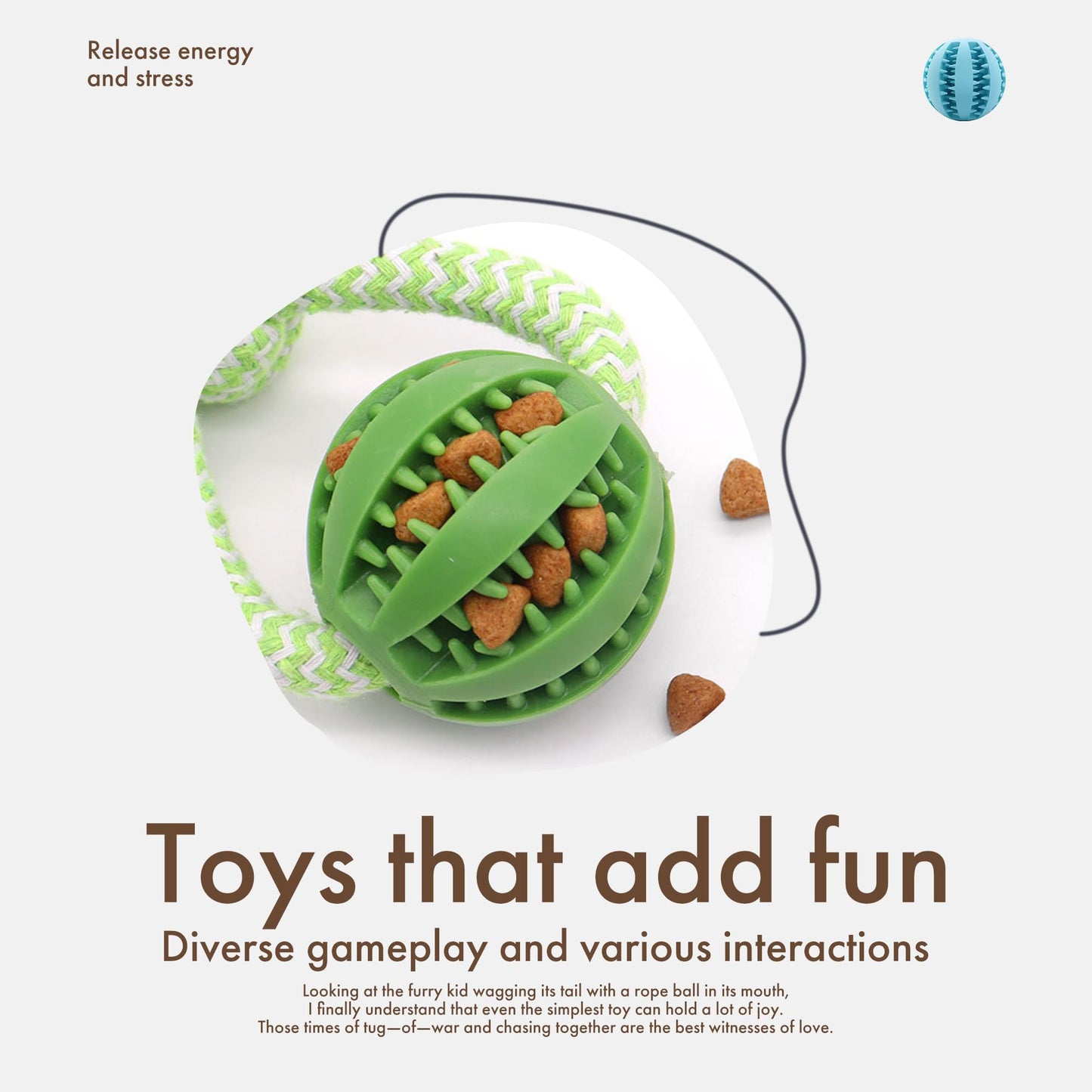 Mira's Pocket Indestructible Chew Toy for Aggressive Chewers - Durable Rubber Dog Teething Ball with Rope, Boredom Relief Puppy Toys (Blue, Small)