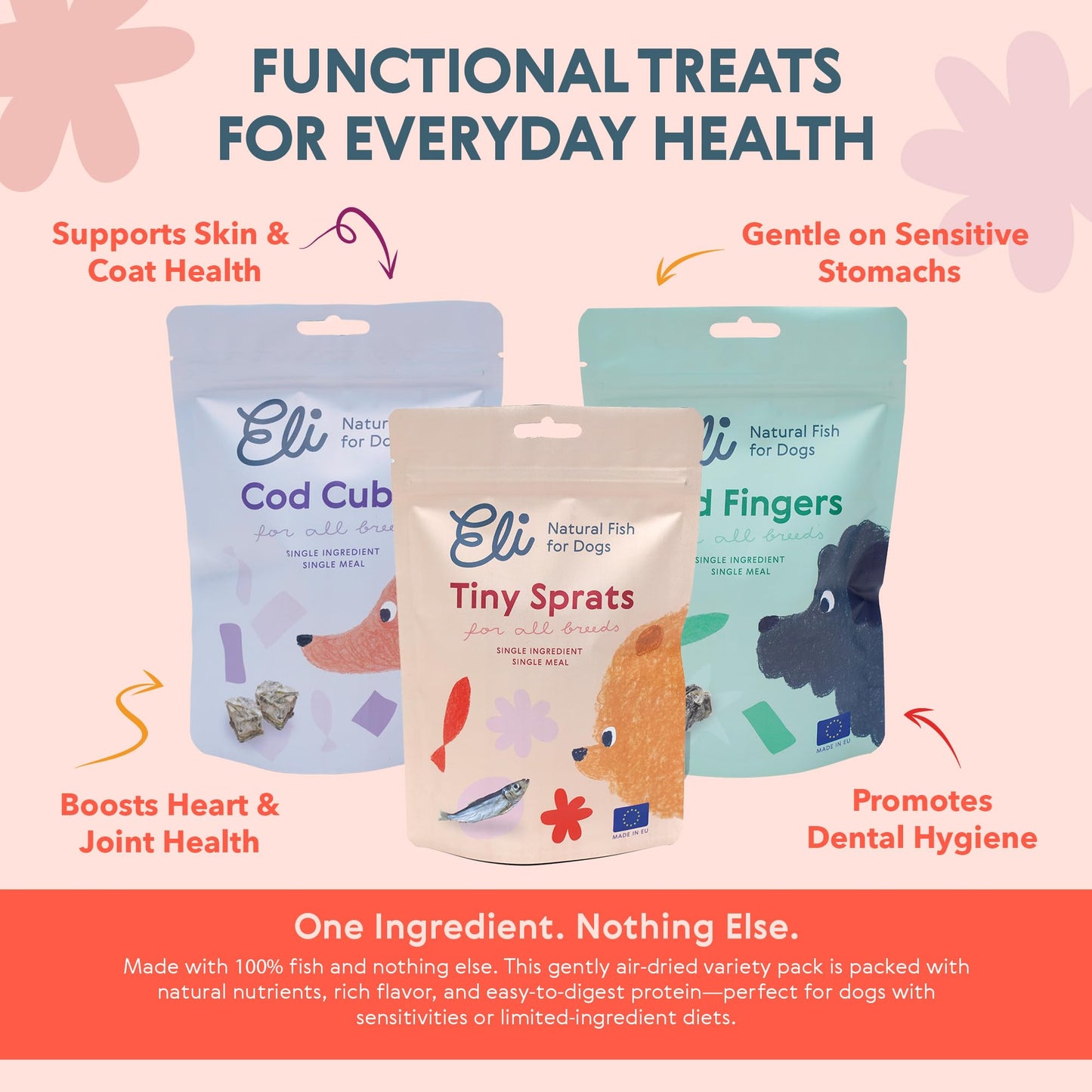 Eli Natural Fish Mix 3 Pack – Natural Premium Dog Treats, Cod Skin Dental Treats, Rich in Protein & Omega-3, Low Fat, Grain Free, Single Ingredient, Hypoallergenic, Gluten Free, Air Dried Fish Treats