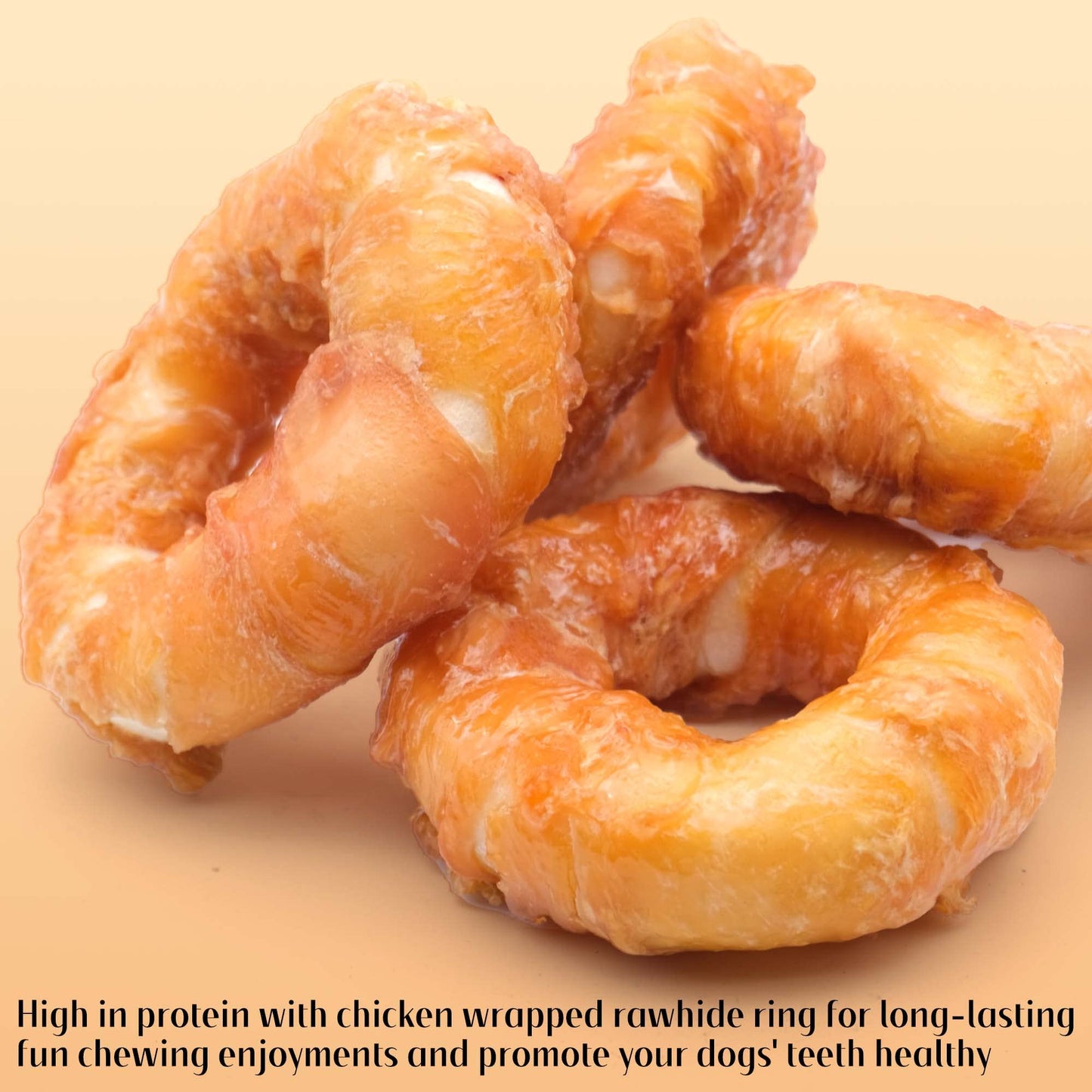 ASMPET Dog Treats Chews, Chicken Wrapped Rawhide Donuts Dental Care Chews for Small Medium Large Breed Aggressive Chewers (Pack of 4)