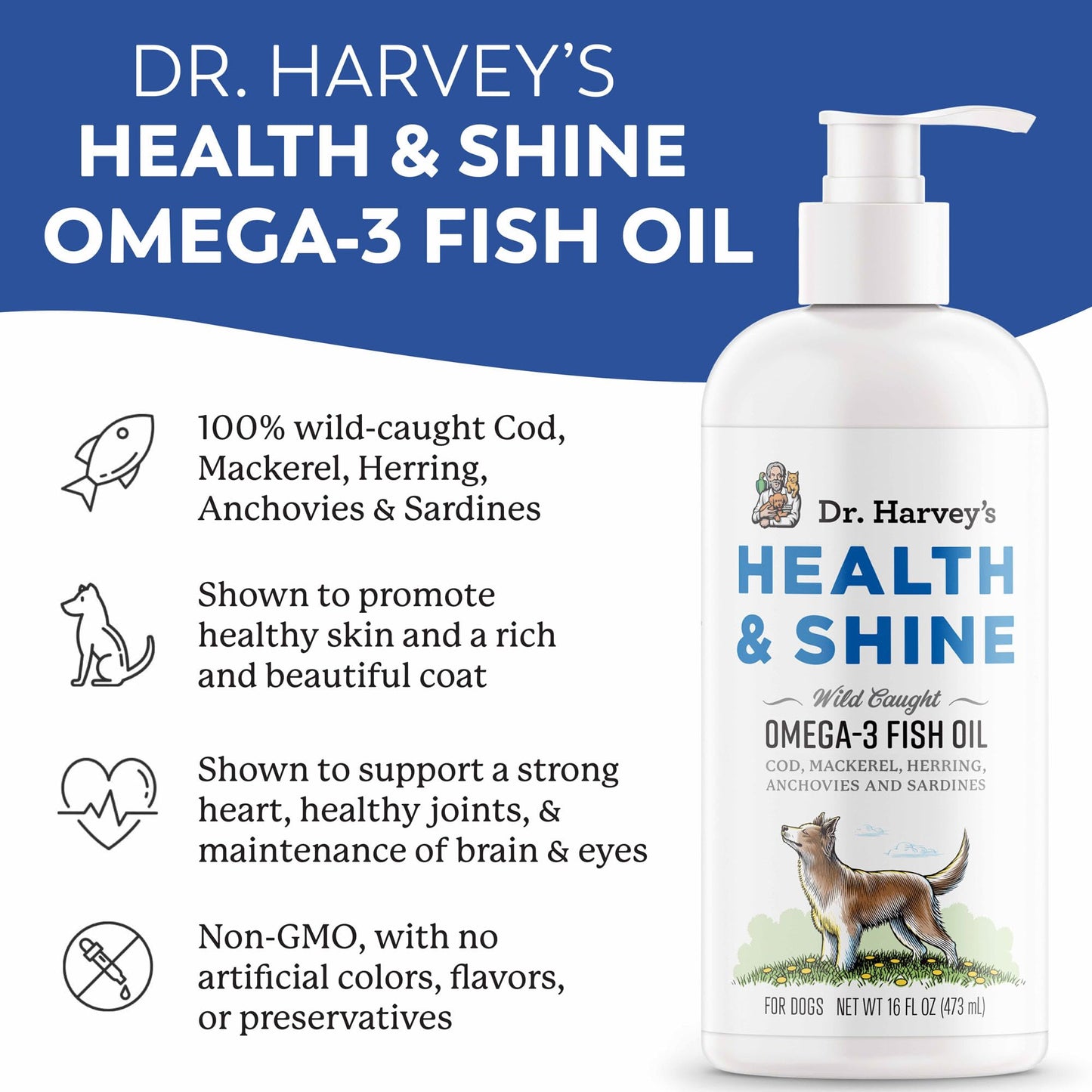 Dr. Harvey’s Health & Shine Omega 3 Fish Oil for Dogs from Wild Caught Cod, Mackerel, Herring, Anchovies and Sardines - Supports Beautiful Fur, Strong Joints and Itchy Allergy Relief (16 fl. oz.)