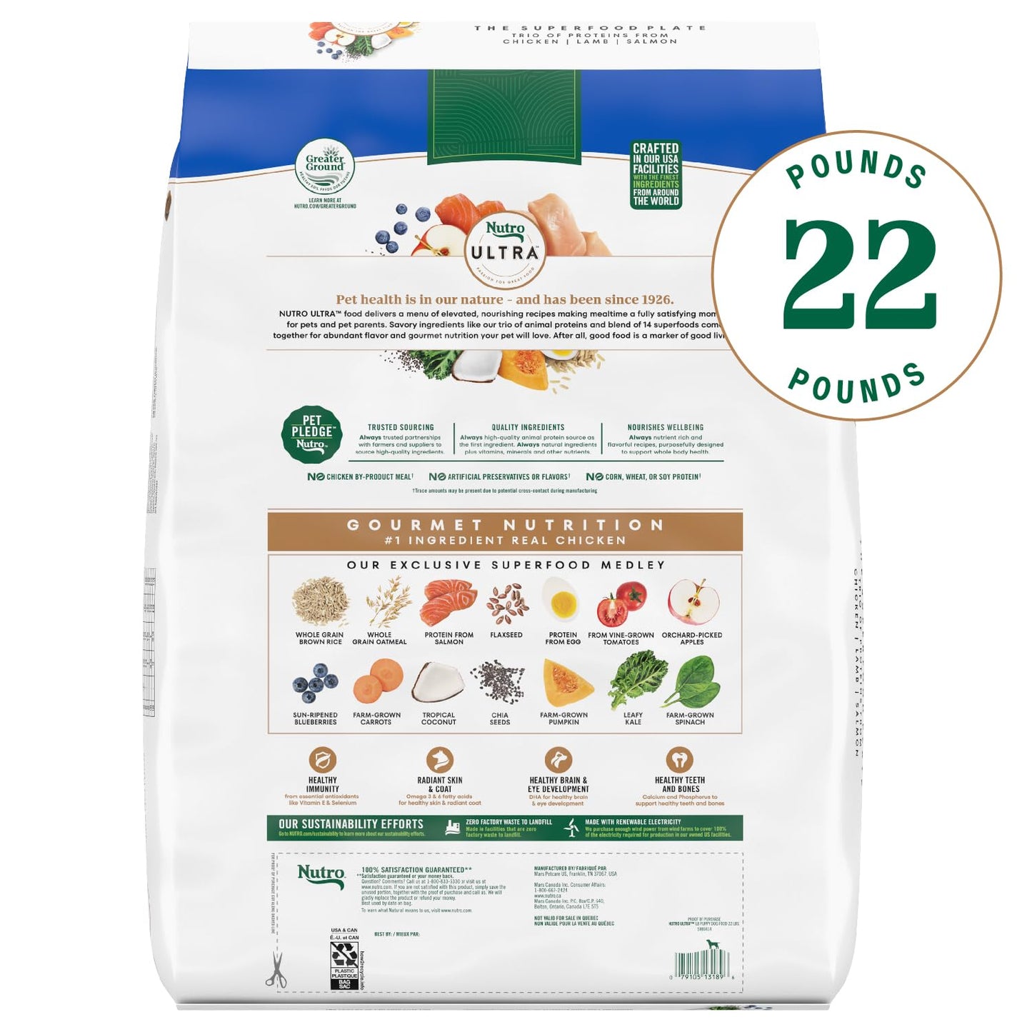 Nutro Ultra Large Breed Puppy Dry Dog Food, Chicken, Lamb and Salmon Protein Trio, 22 lb Bag