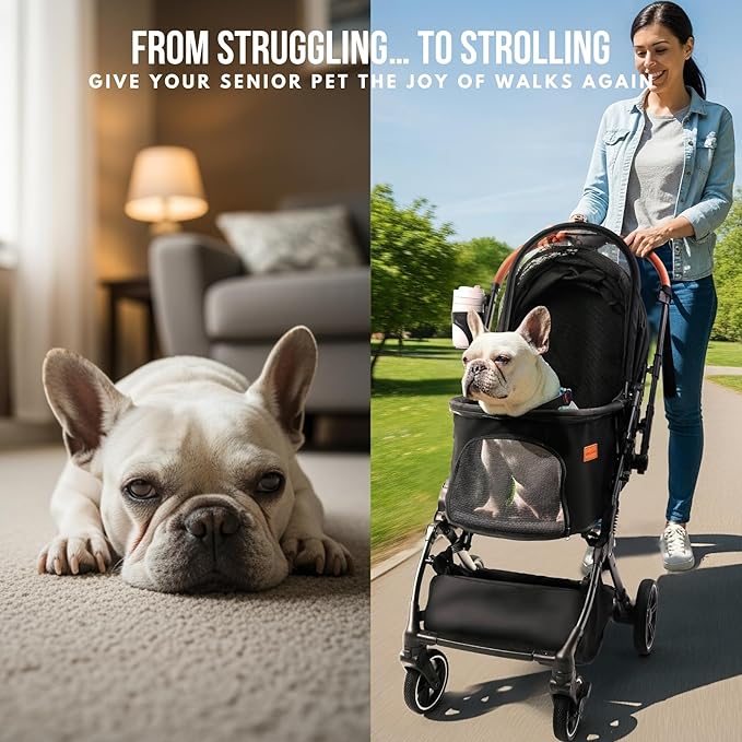 Pet Stroller for Small Medium Dogs Cats Up to 45 lbs, Travel Lite Collapsible, All Terrain 4 Wheels for Jogging, Running, Grey