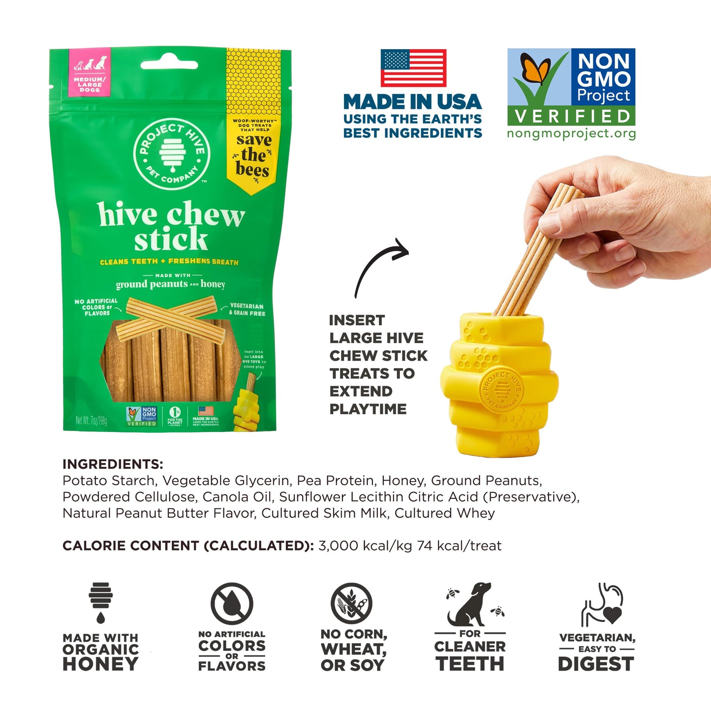 Dental Treats for Dogs Ñ Healthy, Non-GMO Project Verified, Natural Peanut Butter Flavored, Natural, Vegetarian Chews, Made in The USA (Chew Sticks, Large Breeds)