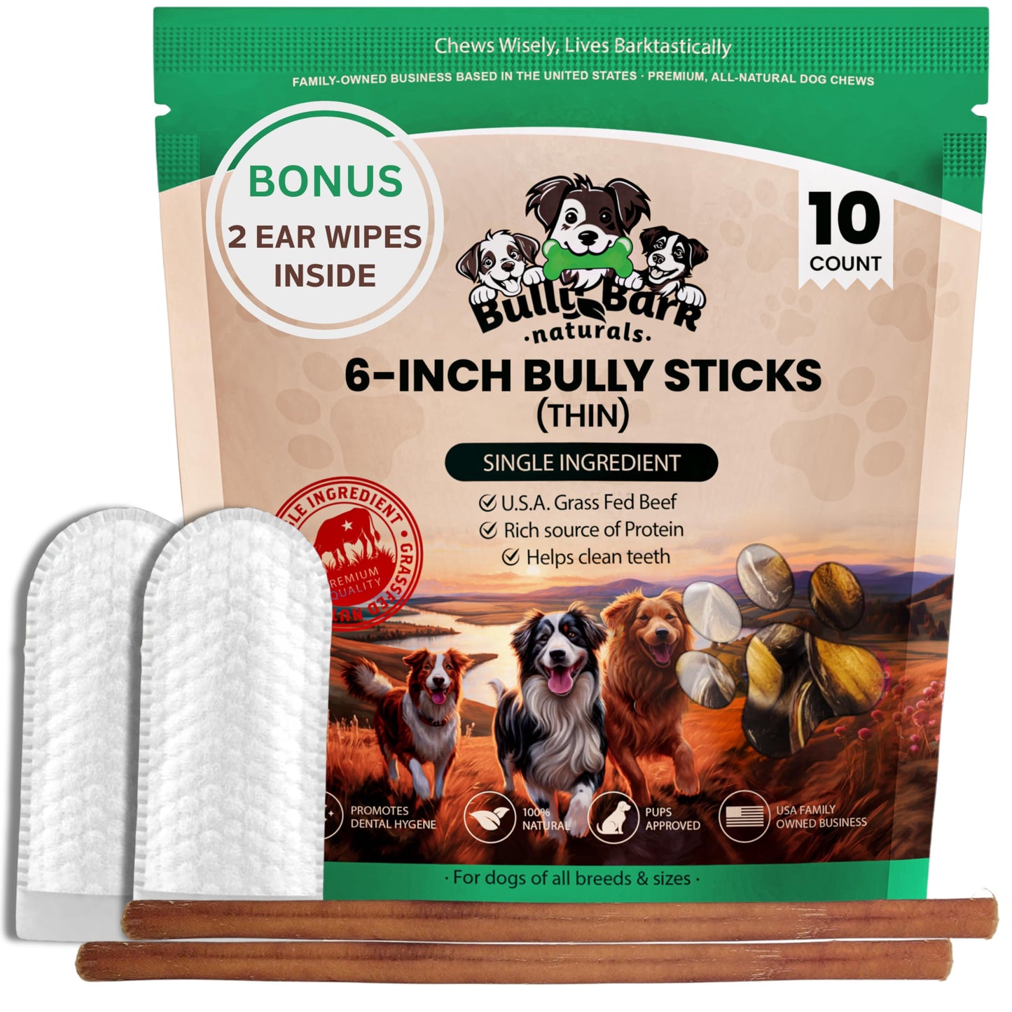 Thin 6โ Bully Sticks for Dogs - 10 Count - 100% Natural, Odor Free Grass-Fed Beef Pizzle Sticks for Dogs - Fully Digestible, Rawhide Puppy Bully Sticks for Small & Medium Dog - Free Ear Wipes