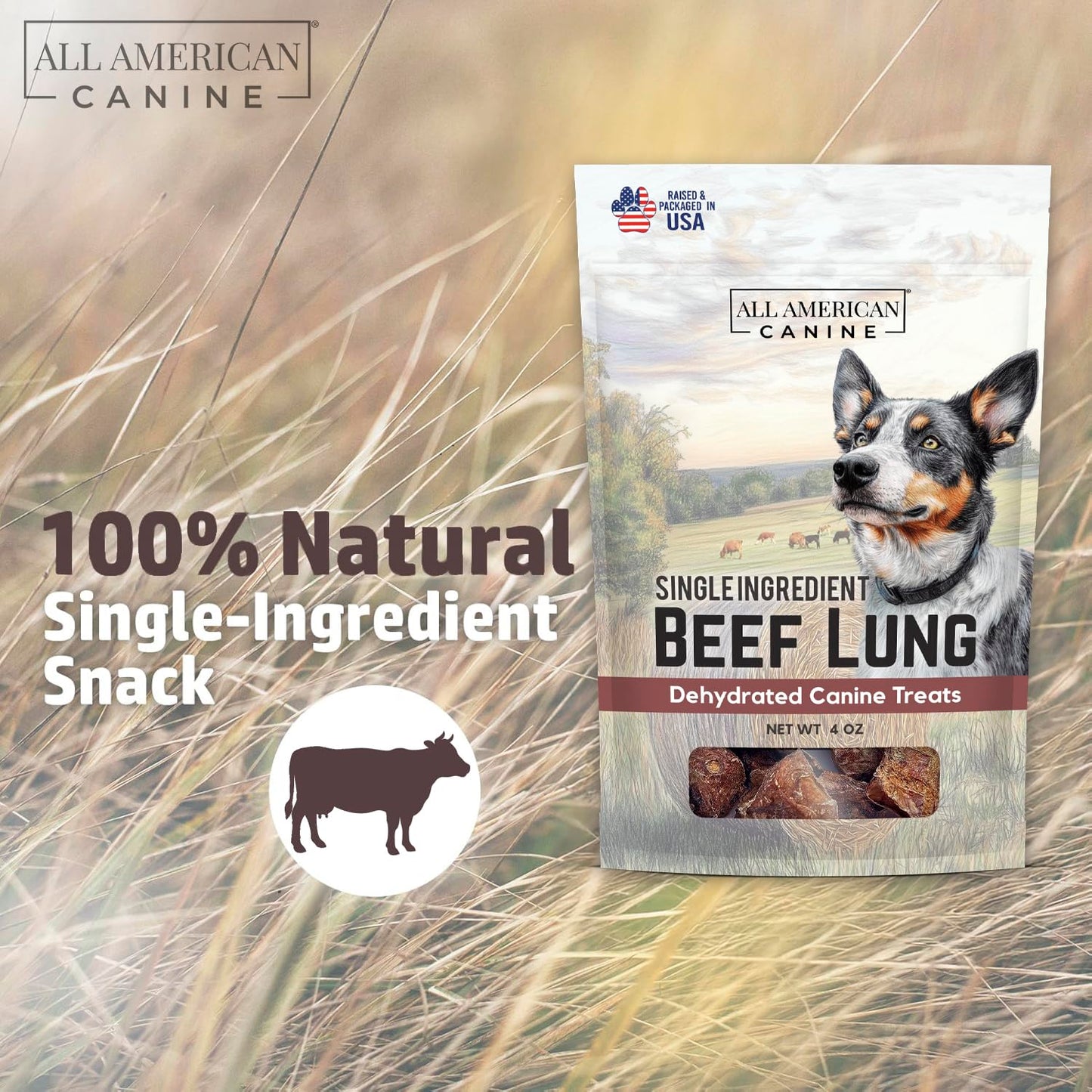 All American Canine Beef Lung Dog Treats 4oz – Single Ingredient, Dehydrated High Protein Low FatTraining Snacks – All Natural and Made in The USA