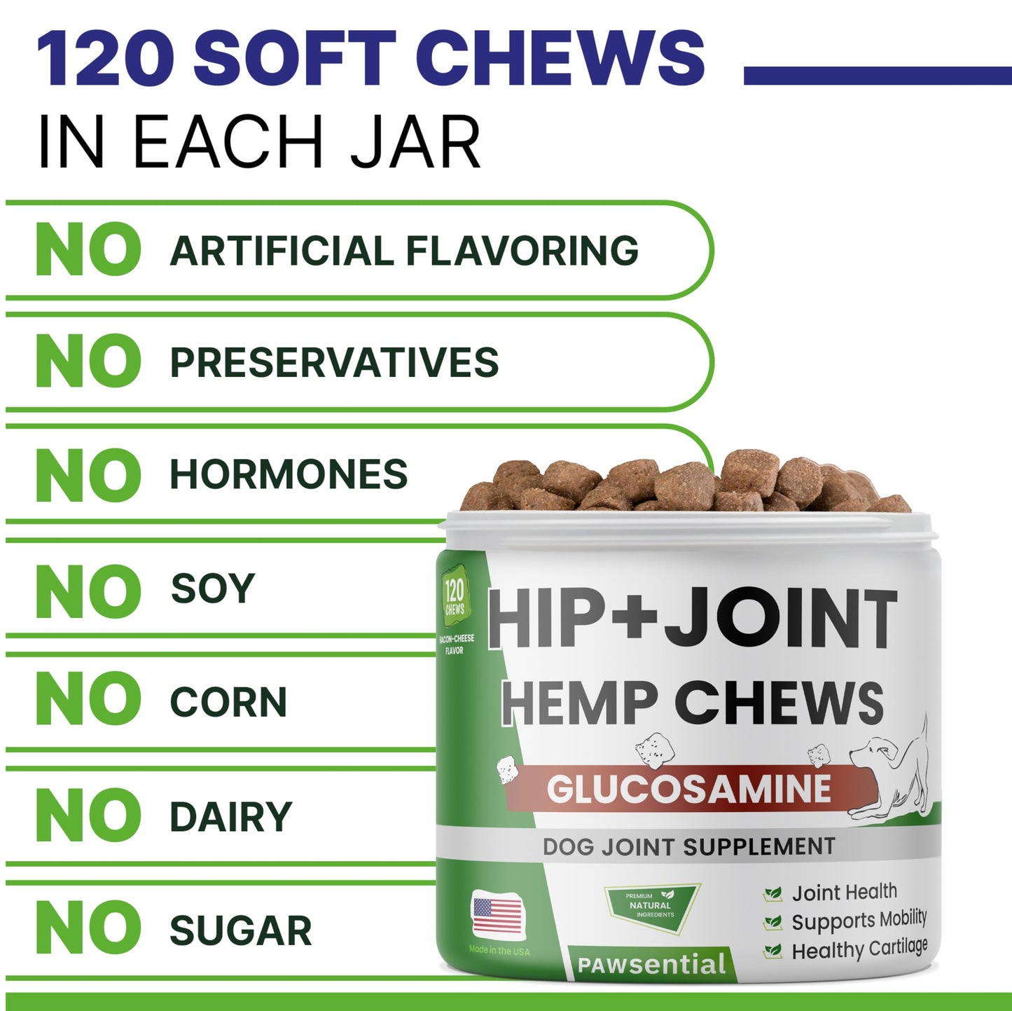 Advanced Hemp Hip & Joint Supplement for Dogs - Glucosamine for Dogs - Dog Joint Pain Relief Treats - Chondroitin Turmeric MSM Hemp Oil - Hemp Treats for Joint Health - Senior Mobility Support Chew