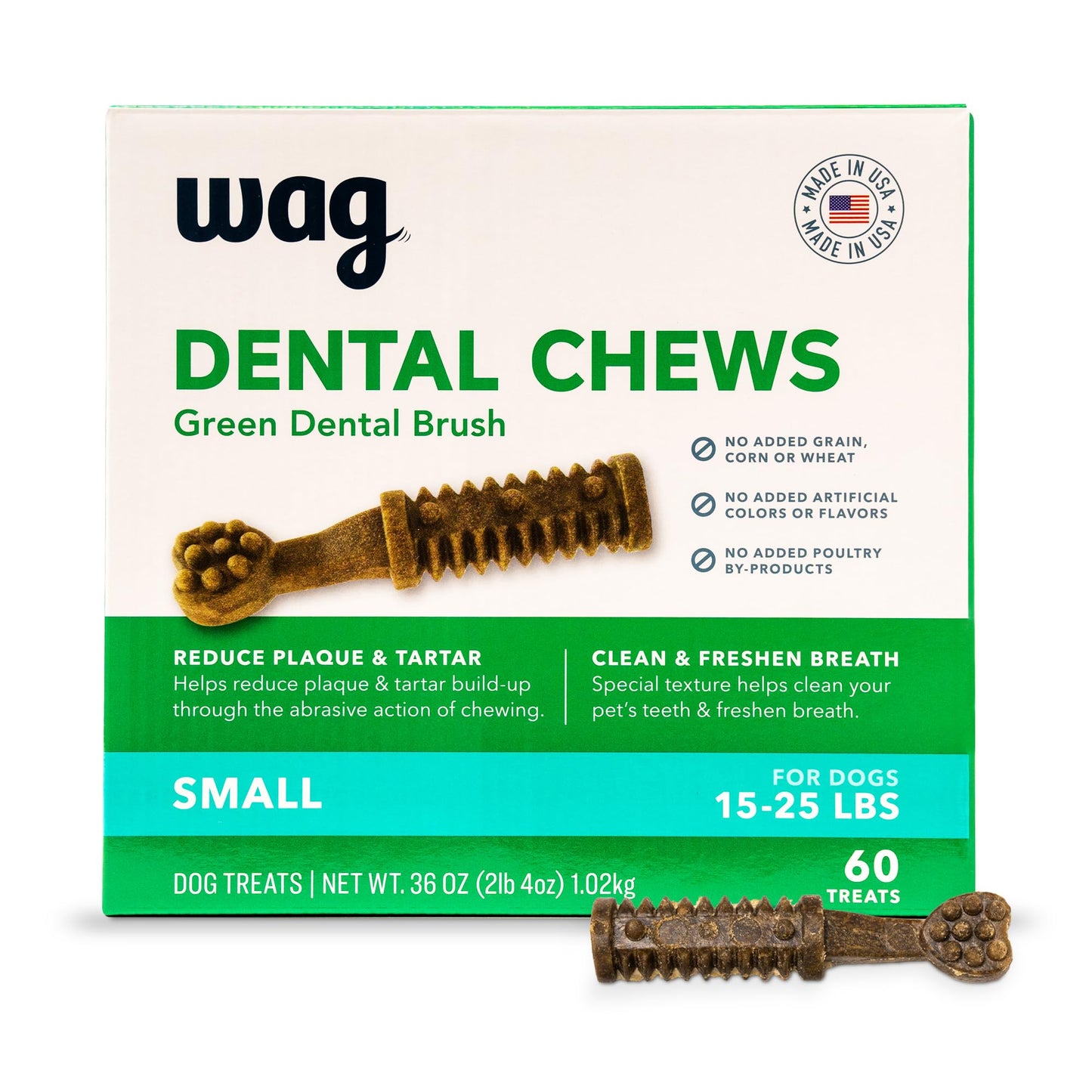Amazon Brand - Wag Dental Dog Treats to Help Clean Teeth & Freshen Breath - Small, Unflavored, 2.25 pounds, 60 Count (Pack of 1)