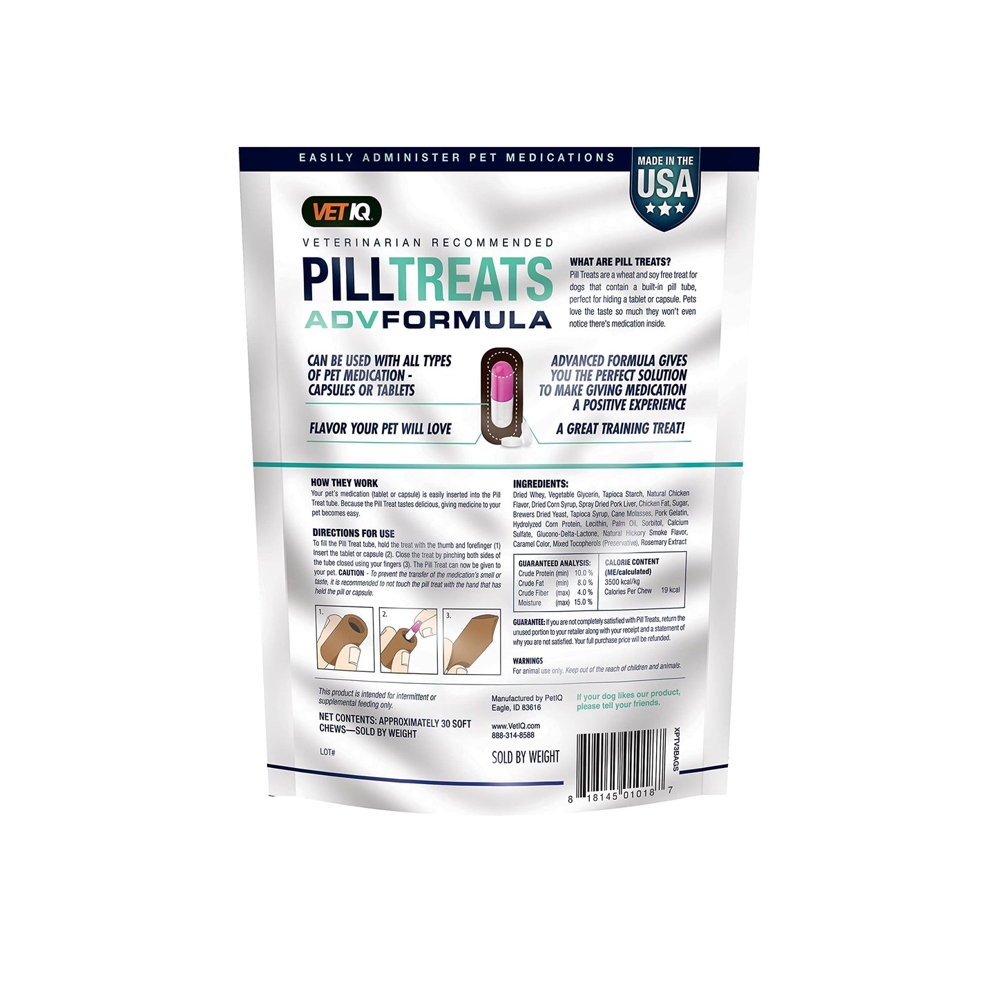 VetIQ Pill Treats Advanced Formula for Dogs, Chicken Flavor Soft Chews, Made in The USA, 30 Count (Pack of 2)