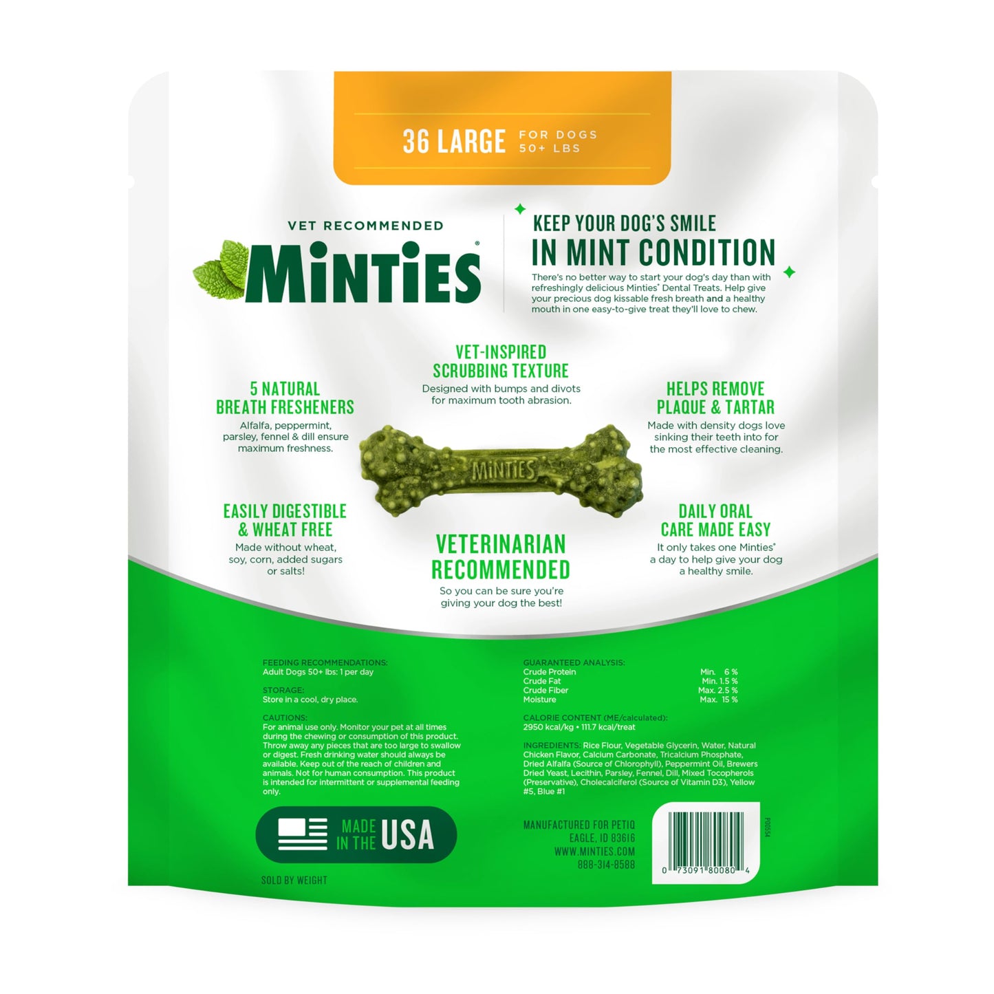 Minties Dental Chews for Dogs, 36 Count, Vet-Recommended Mint-Flavored Treats for Large Dogs Over 50 lbs, Dental Bones Clean Teeth, Fight Bad Breath, and Removes Plaque and Tartar