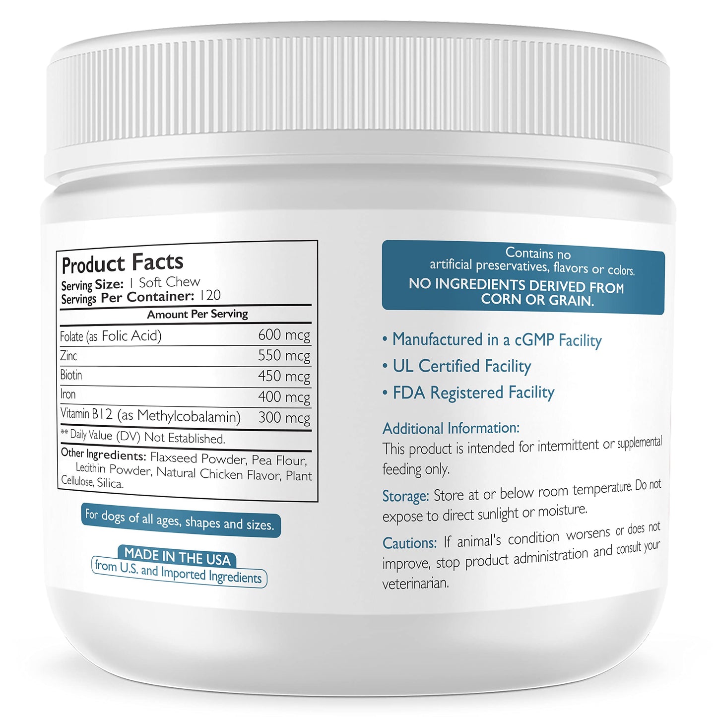 Nutrition Strength Folate for Dogs to Promote Cardiovascular & Prenatal Health, Support DNA Synthesis & Cell Maintenance, Folic Acid for Dogs with Zinc, Biotin, Iron & Vitamin B12, 120 Soft Chews