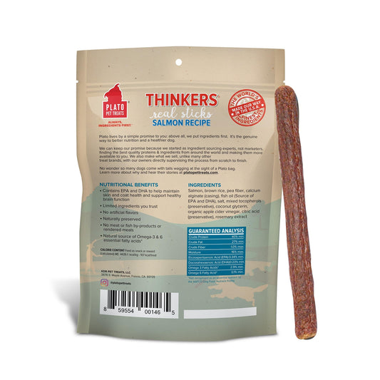 Plato Pet Treats Air Dried Dog Treats Salmon Thinkers Sticks, Natural Dog Treats, Real Meat, Air Dried, Made in the USA, 10oz