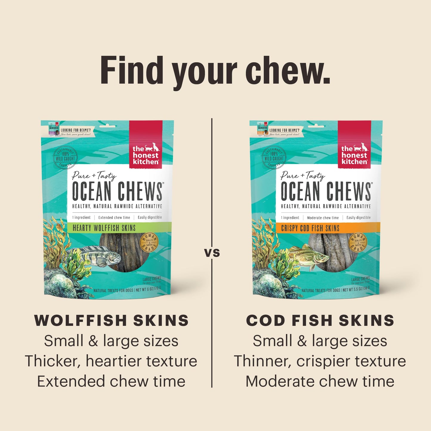 The Honest Kitchen Ocean Chews™ Crispy Cod Fish Skins Dog Treats, 2.75 oz (Beams™)