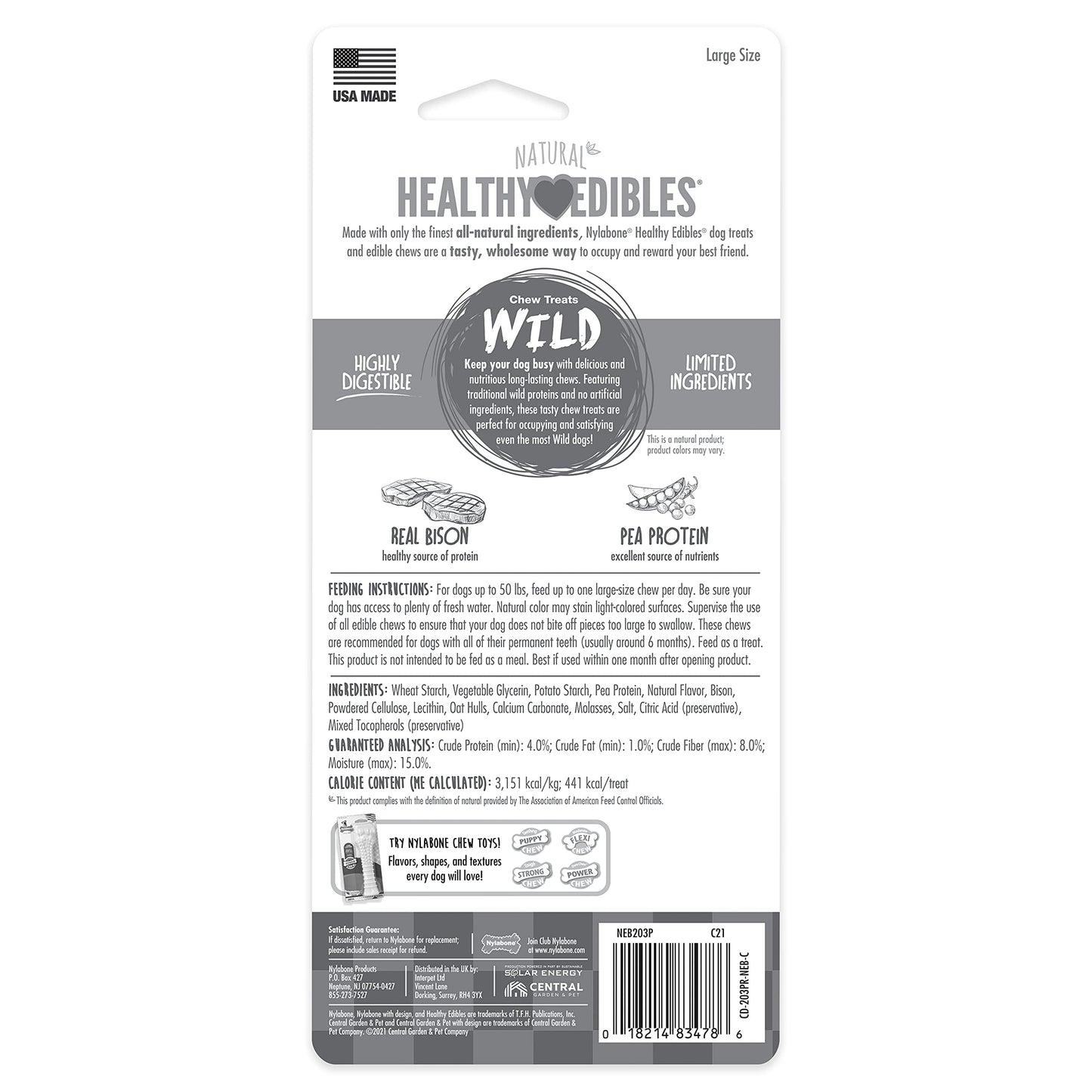 Nylabone Healthy Edibles Wild Natural Long-Lasting Bison Flavor Bone Chew Treats for Dogs, Large (1 Count) (Pack of 4)