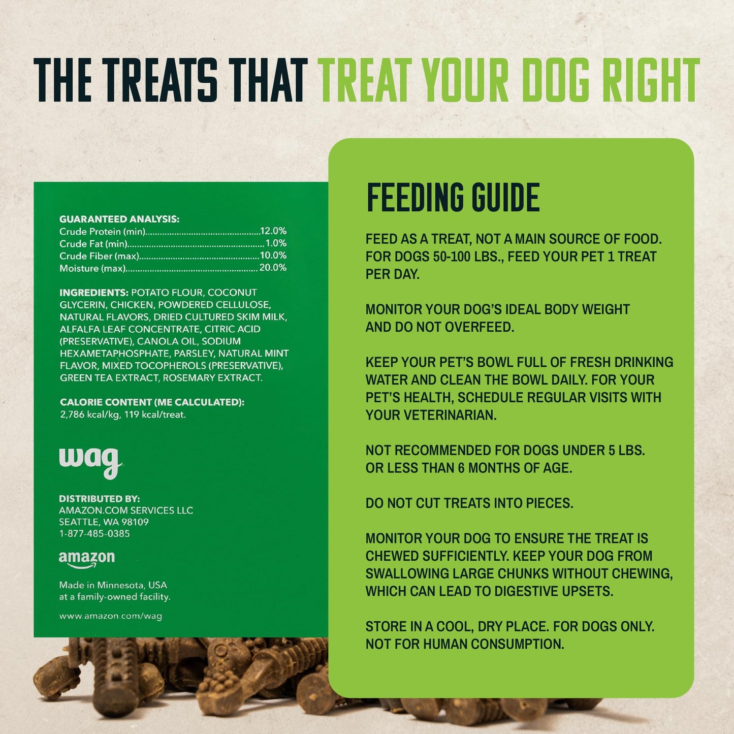 Amazon Brand - Wag Dental Dog Treats to Help Clean Teeth & Freshen Breath - Small, Unflavored, 2.25 pounds, 60 Count (Pack of 1)
