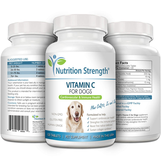 Nutrition Strength Vitamin C for Dogs to Support Cardiovascular Health, Help Strengthen The Immune System, Boost Free Radical Defenses and Sustain Collagen Synthesis, 120 Chewable Tablets