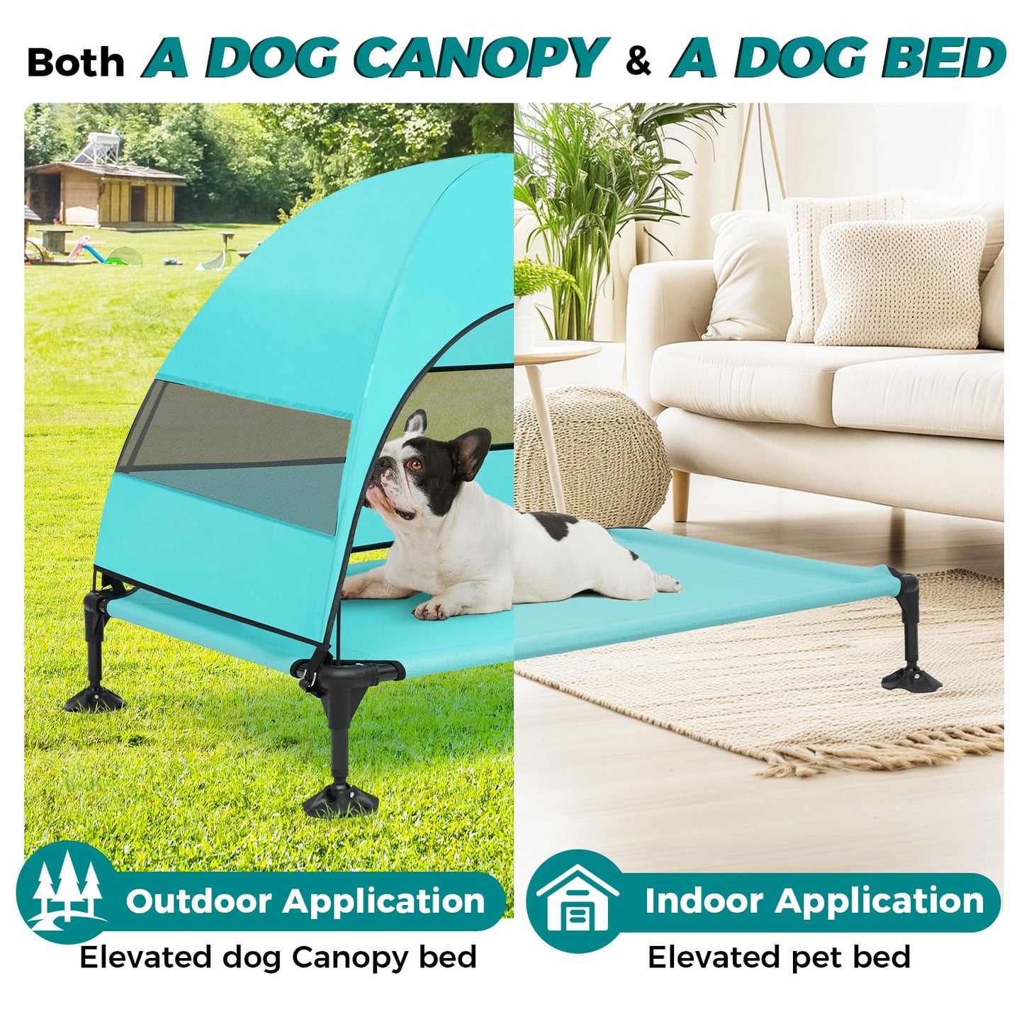 Libbipaw Windproof Elevated Dog Bed with Canopy & Stakes, 3-Sided 90% UV Block, Chew-Proof Teslin Mesh Mat for Large Dogs up to 150lbs(Blue Large)