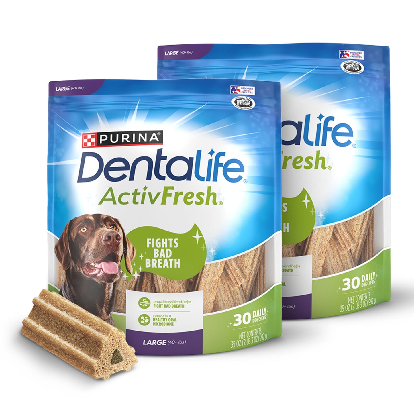 DentaLife ActivFresh Pack of 2 Dog Chews for Large Dogs 40 lbs. and up, Dental Chews to Freshen Breath, Chicken Flavor, 35 oz. each, 30 Chews each/60 Total Chews - 30 ct. Pouch