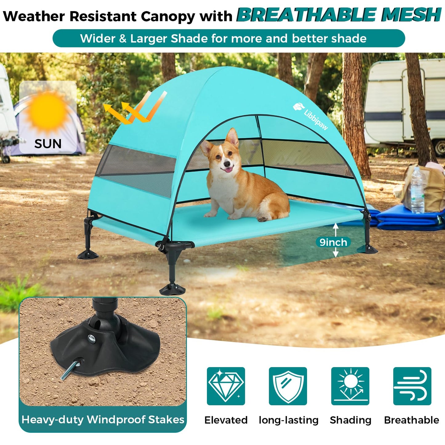Libbipaw Windproof Elevated Dog Bed with Canopy & Stakes, 3-Sided 90% UV Block, Chew-Proof Teslin Mesh Mat for Large Dogs up to 150lbs(Blue Large)