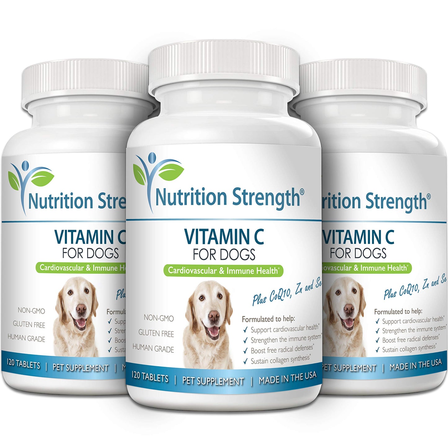 Nutrition Strength Vitamin C for Dogs to Support Cardiovascular Health, Help Strengthen The Immune System, Boost Free Radical Defenses and Sustain Collagen Synthesis, 120 Chewable Tablets