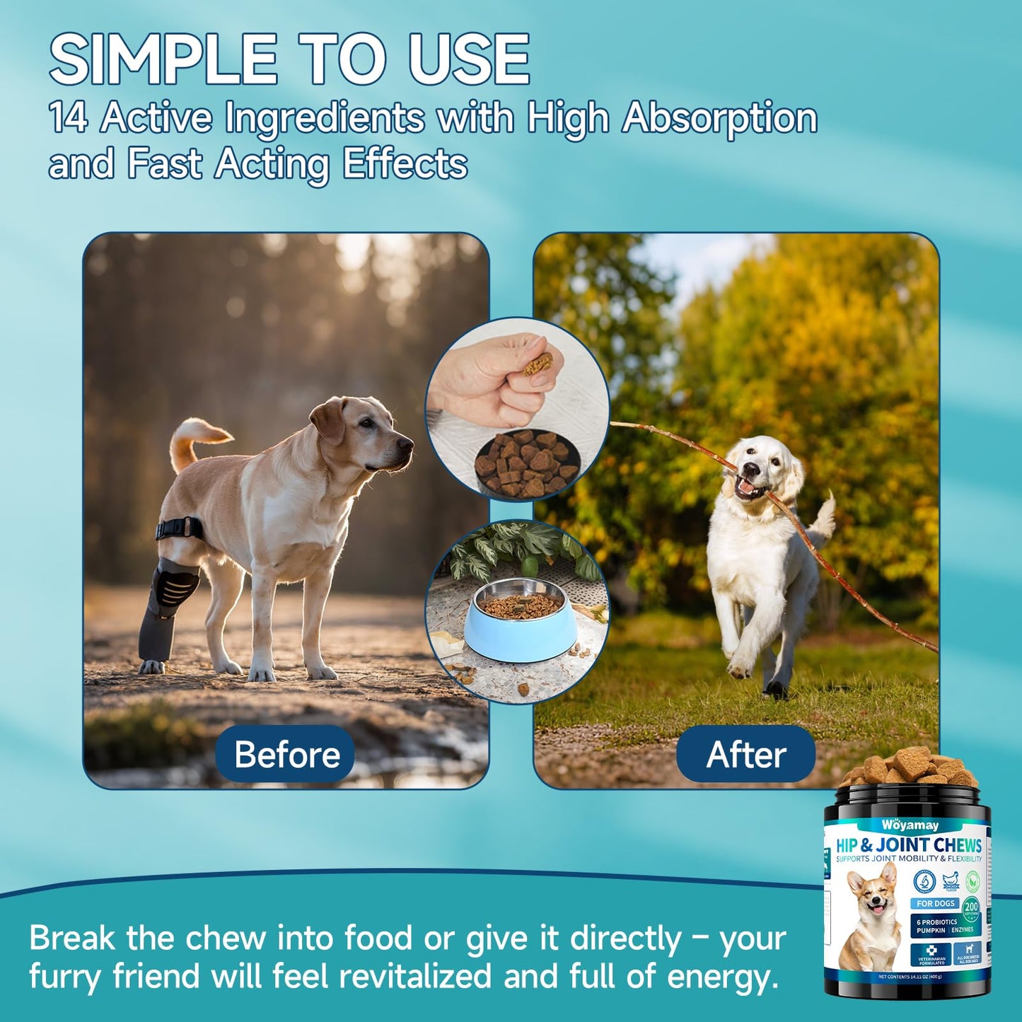 Hip and Joint Supplement for Dogs, Glucosamine for Dog Joint Supplement, 200 Soft Chews with Glucosamine, Chondroitin and MSM Dog Hip and Joint Supplement for All Ages and Breeds, Chicken Flavor