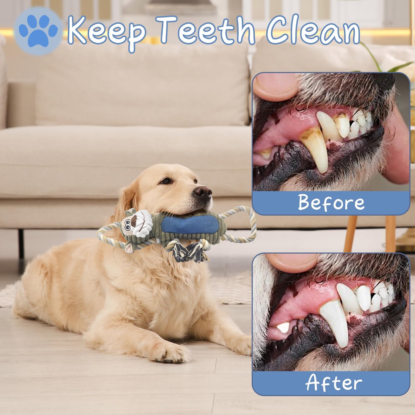 BUYPOW Funny Plush Dog Chew Toys, Squeaky Dog Toys, Interactive Tug of War Puppy Toys, Stuffed Dog Toys for Small, Medium and Large Dogs - Monkey