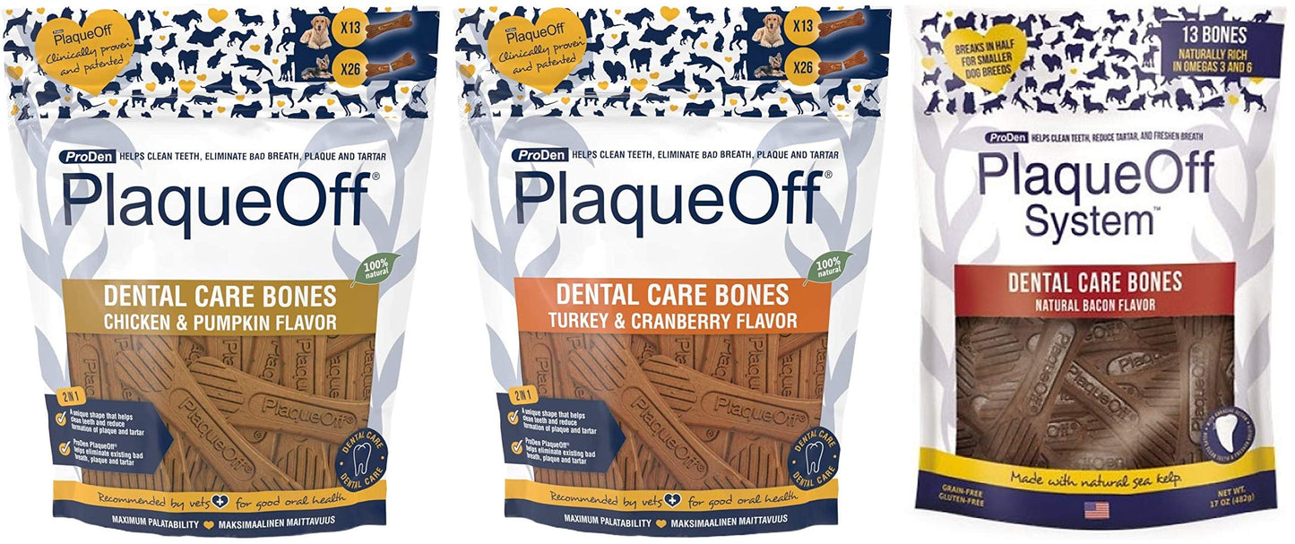 ProDen PlaqueOff 3 Flavor Dental Bone Dog Treat Bundle: Chicken & Pumpkin, Turkey & Cranberry, and Bacon, 17 Ounces Each
