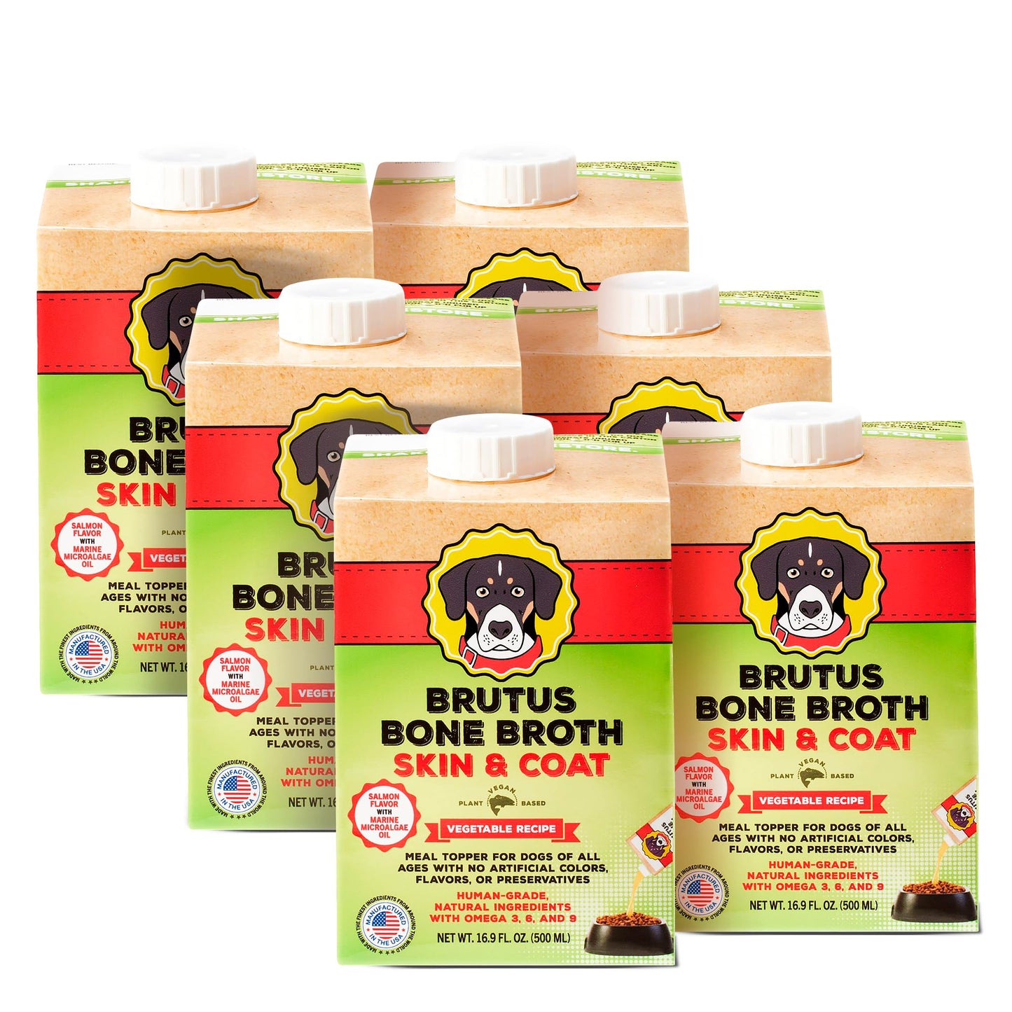 Brutus Vegetable Broth for Dogs 16.9 oz | All Natural | Made in USA | Omegas & Turmeric for Healthy Skin & Coat | Human Grade Ingredients | Hydrating Dog Food Topper, Gravy & Treat Salmon (Pack of 6)