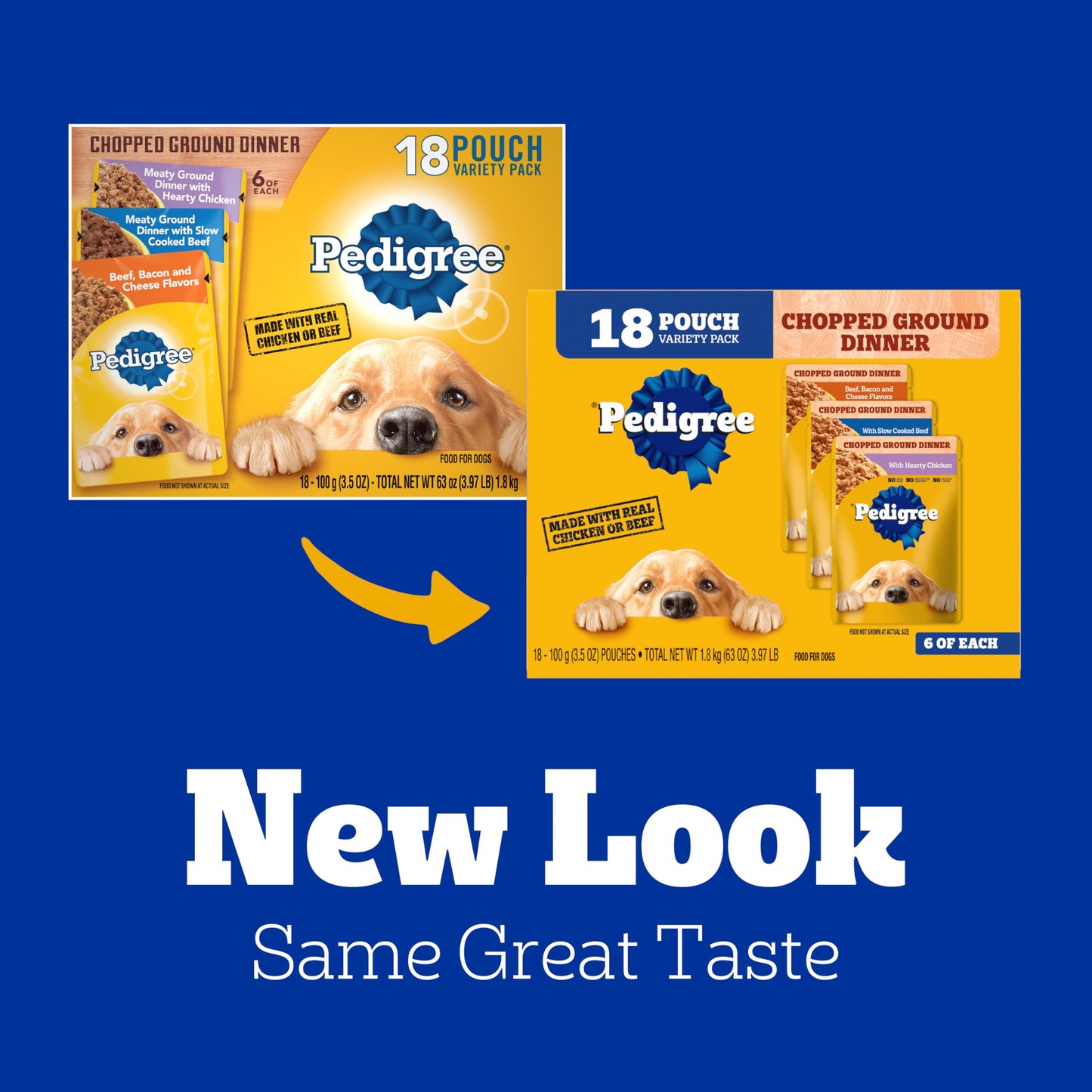 Pedigree Chopped Ground Dinner Adult Soft Wet Dog Food 18-Count Cheese Variety Pack, 3.5 oz. Pouches