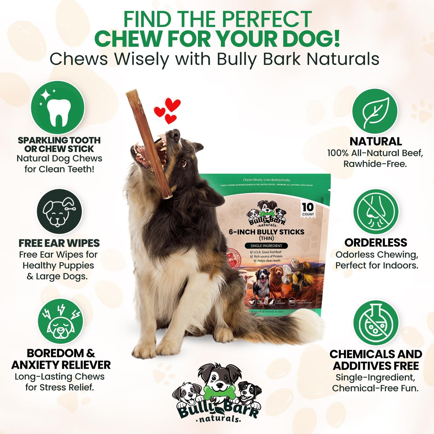 Thin 6โ Bully Sticks for Dogs - 10 Count - 100% Natural, Odor Free Grass-Fed Beef Pizzle Sticks for Dogs - Fully Digestible, Rawhide Puppy Bully Sticks for Small & Medium Dog - Free Ear Wipes