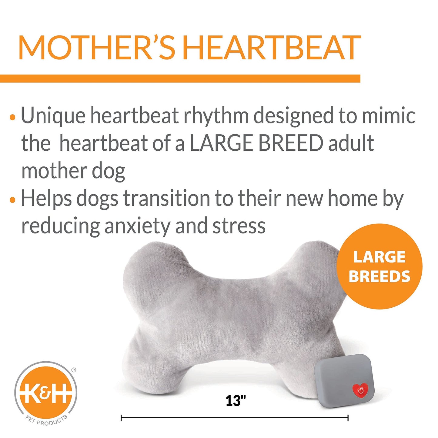 K&H Pet Products Mother's Heartbeat Calming Dog Toy Bone Pillow Gray Large Breed Heartbeat 13 Inch