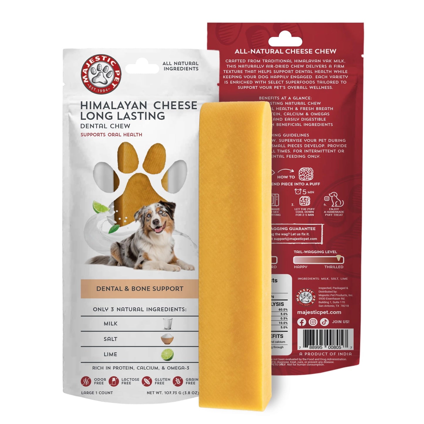 Majestic Pet Yak Cheese Himalayan Dog Chews - Yak Chews Dog Chew Bones - Natural Himalayan Cheese Sticks & Long Lasting Chew Treats for Puppies - Dental & Bone Support, Large, 1 Pack