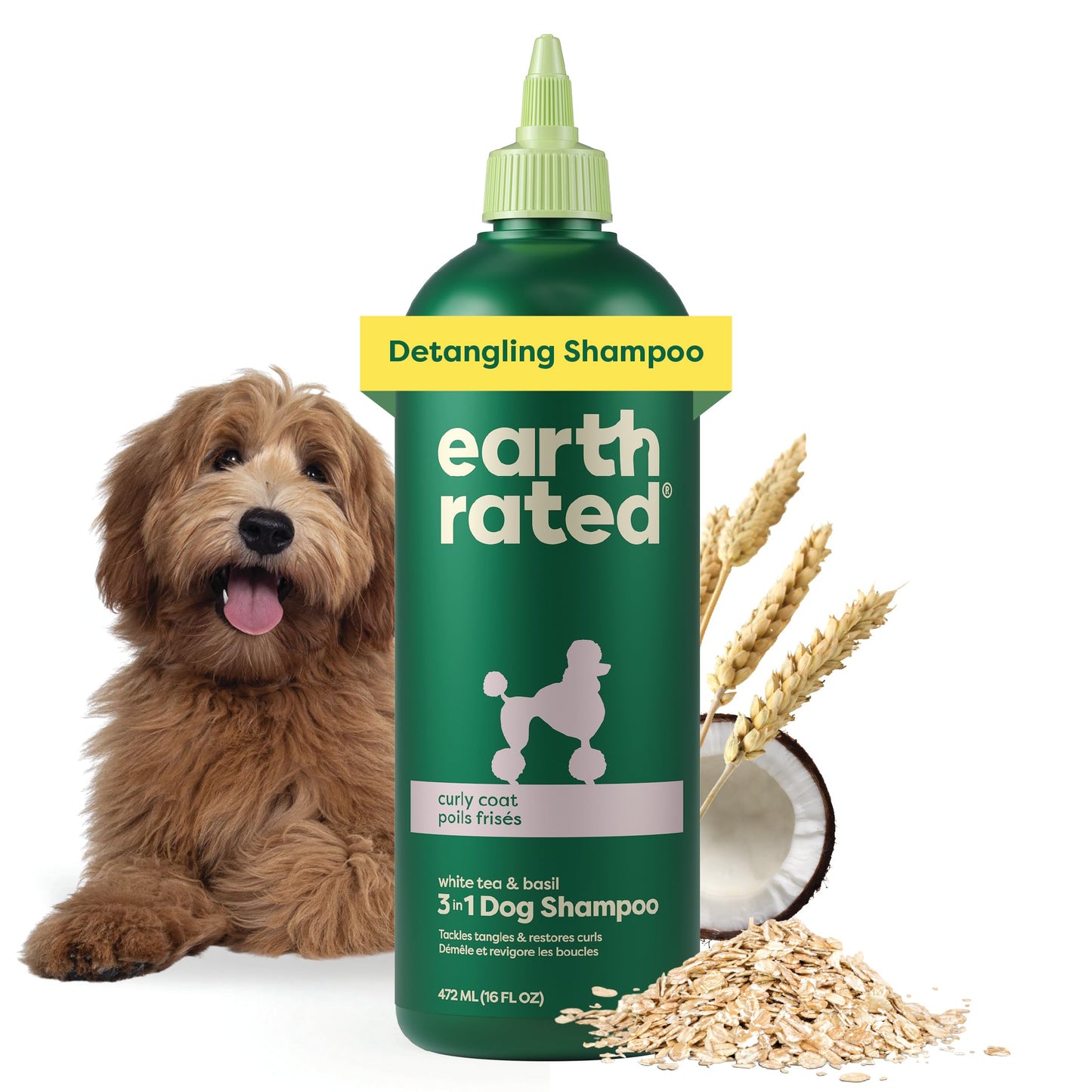 Earth Rated 3-in-1 Detangling Dog Shampoo and Conditioner, Deodorizing Oatmeal Shampoos for Dogs and Puppies, Great for Smelly Pets, White Tea and Basil Scent, 16 oz