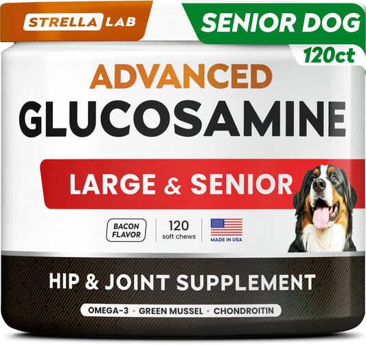 STRELLALAB Advanced Glucosamine Hip & Joint Supplement for Senior Dogs - Green Lipped Mussel & Collagen - Hip & Joint Pain Relief - Large & Small Breed - Joint Health - Bacon - 120 Chews