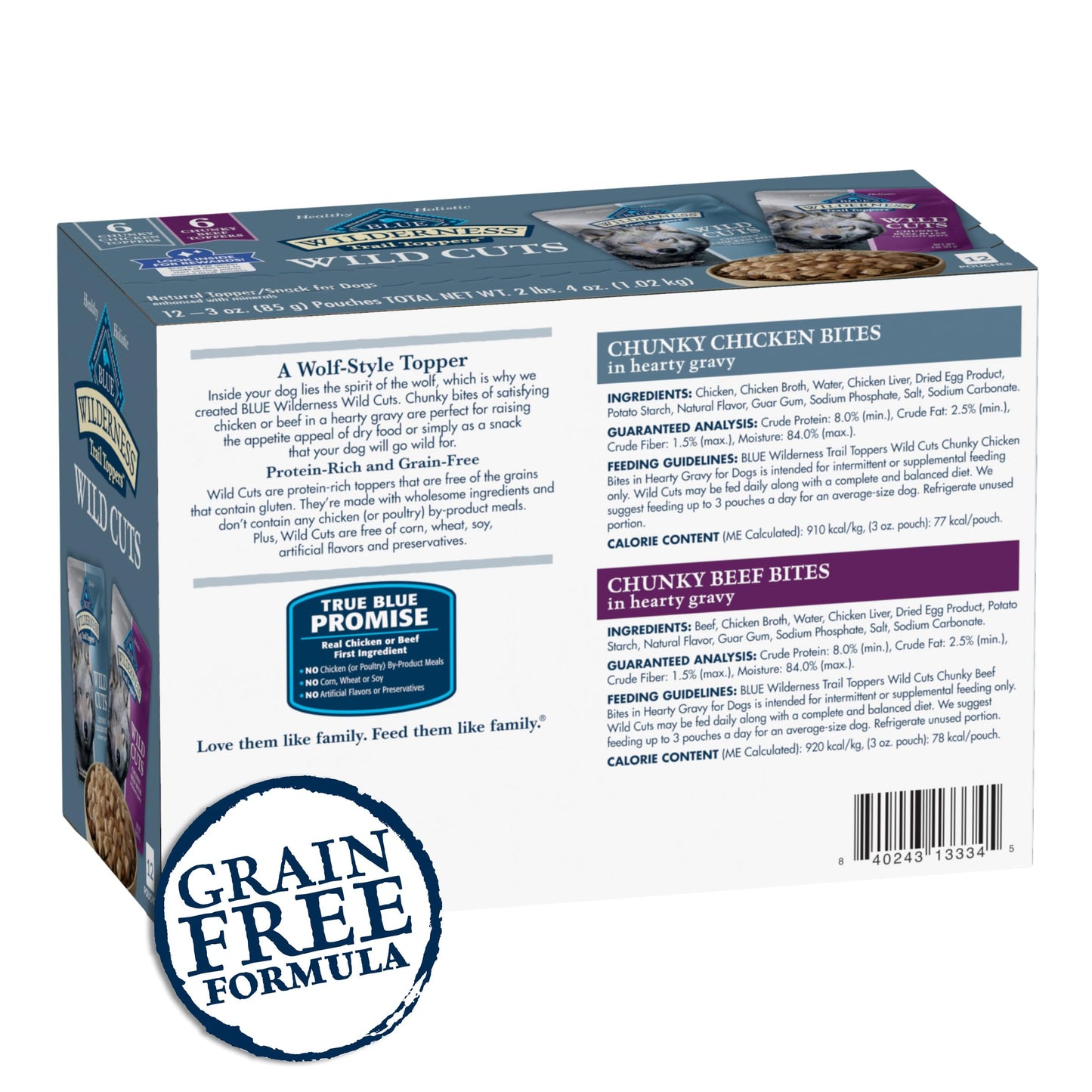 Blue Buffalo Wilderness Trail Toppers Wild Cuts Wet Dog Food Variety Pack, High-Protein & Grain-Free, Made with Natural Ingredients, Chicken and Beef Flavors, 3-oz Pouches, (12 Count, 6 of Each)