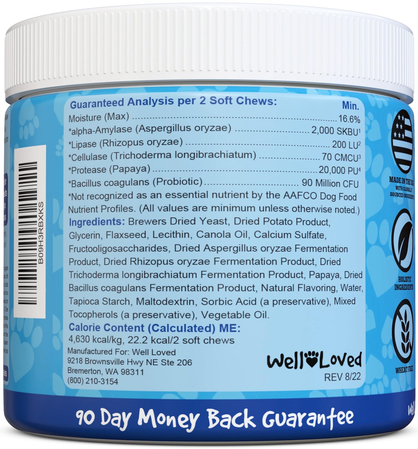 Well Loved Probiotics for Dogs, Dog Probiotics, Made in USA, Vet Developed for Gut Health, Yeast Balance, Itchy Skin, Diarrhea & Gas Relief, Chews with Prebiotic & Digestive Enzymes, Digestive Support